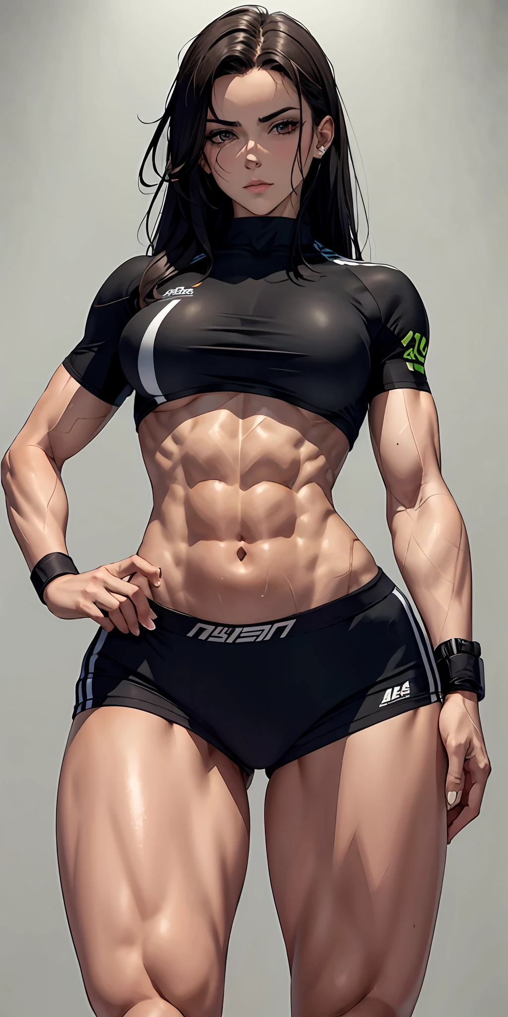 fisiculturista, Negra rosto bonito, serious face, Moreno, Olhos vermelhos, corpo perfeito, cabelo encaracolado,healthy body, cracked abdomen, musculoso, estrutura corporal detalhada, Sister, all parts are clearly visible,roupa fitness. ADCC. Luta, de Americana.