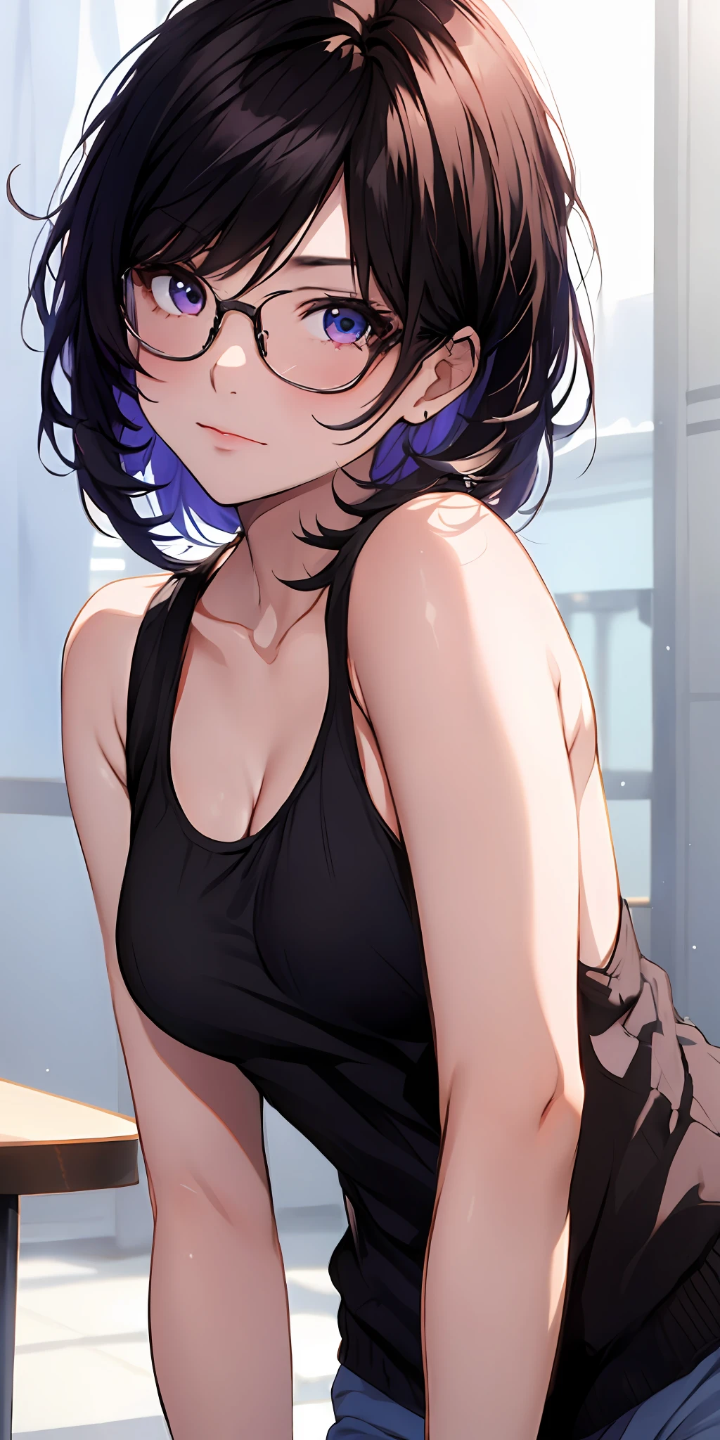 1girl, glasses, staring, short auburn hair, curly hair with bangs, white tank top, downblouse, loose t-shirt, medium breasts, leaning forward, more_details:0.5