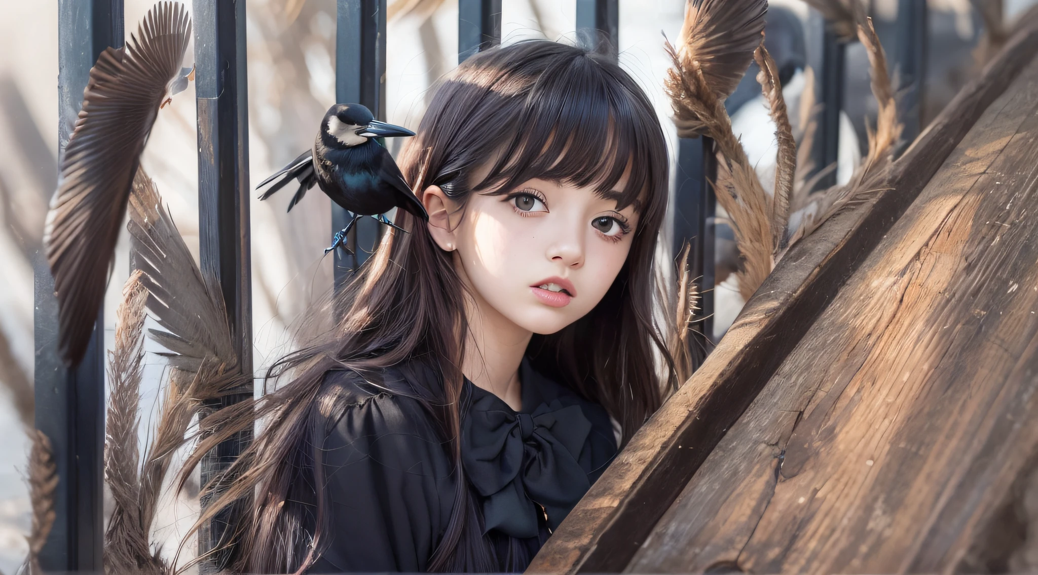 CHILD girl with a black bow and a black dress, girl with dark brown hair, girl with brown hair, black hair ribbons, a beautiful teen-age girl, wearing hair bow, young girl, brown hair and big eyes, half-length photo, photo of young woman, young, beautiful girl, she is about 1 6 years old,  there is a black bird sitting on a wooden rail, long shiny thick black beak, closeup of some crows, cute crows, crows as a symbol of death, crow, crow bird, magpie, crow portrait!!!, black crow, dark crow, is looking at a bird, crows, male, crow, beautiful photo, closeup portrait shot, proud looking away, by Paul Bird