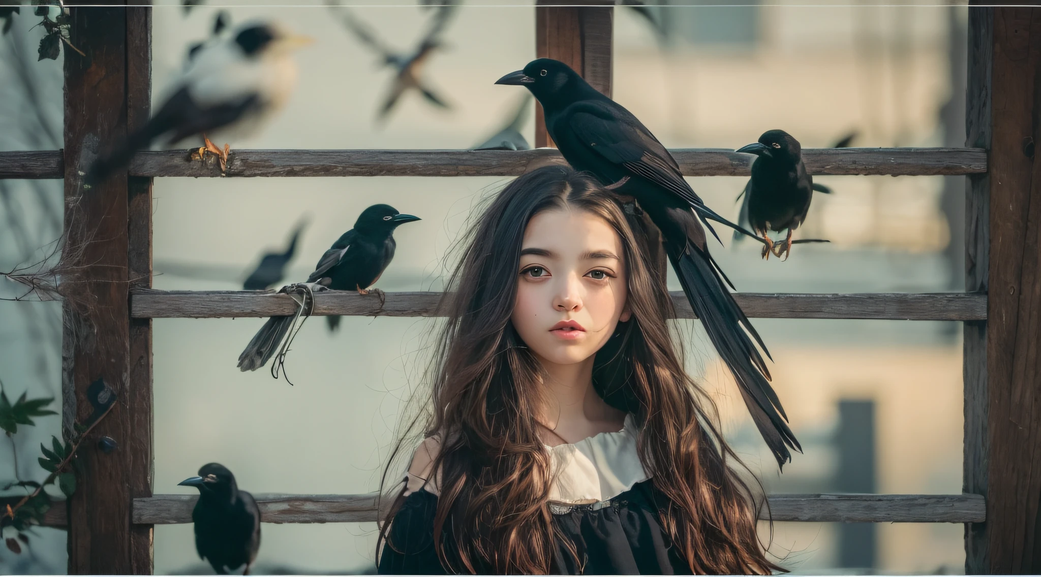 CHILD girl with a black bow and a black dress, girl with dark brown hair, girl with brown hair, black hair ribbons, a beautiful teen-age girl, wearing hair bow, young girl, brown hair and big eyes, half-length photo, photo of young woman, young, beautiful girl, she is about 1 6 years old, there is a black bird sitting on a wooden rail, long shiny thick black beak, closeup of some crows, cute crows, crows as a symbol of death, crow, crow bird, magpie, crow portrait!!!, black crow, dark crow, is looking at a bird, crows, male, crow, beautiful photo, closeup portrait shot, proud looking away, by Paul Bird