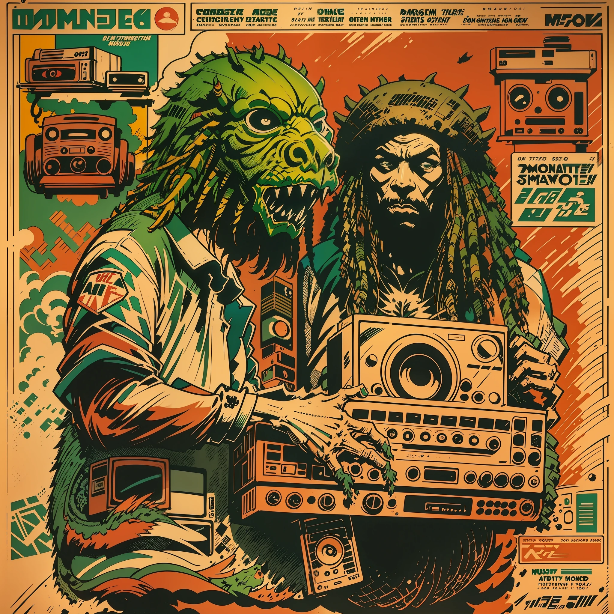 a ((((([rasta monster])))))), ( full body shot) holding a boombox, ghetto blaster, big ghetto blaster, tape deck, lofi hip hop, audio equipments, cassette, retro technology, nostalgic vibes, 1 9 6 0 s tech, radios, vintage, the 6 0 s, propaganda Poster style, Poster design, poster art style. 1970s, 1950s, 1960s, Very colourful poster, colour art, thirds rule, inspiring, 1970, lofi hip hop, high quality artwork, artwork, poster art style, promotional artwork, hiphop, 1 9 th, print, high quality wallpaper, poster artwork, style of shepherd fairey, in a retro or vintage style, reminiscent of classic advertisements or posters. Use warm and muted colors, capturing the nostalgic feel of vintage artwork, bird's eye view