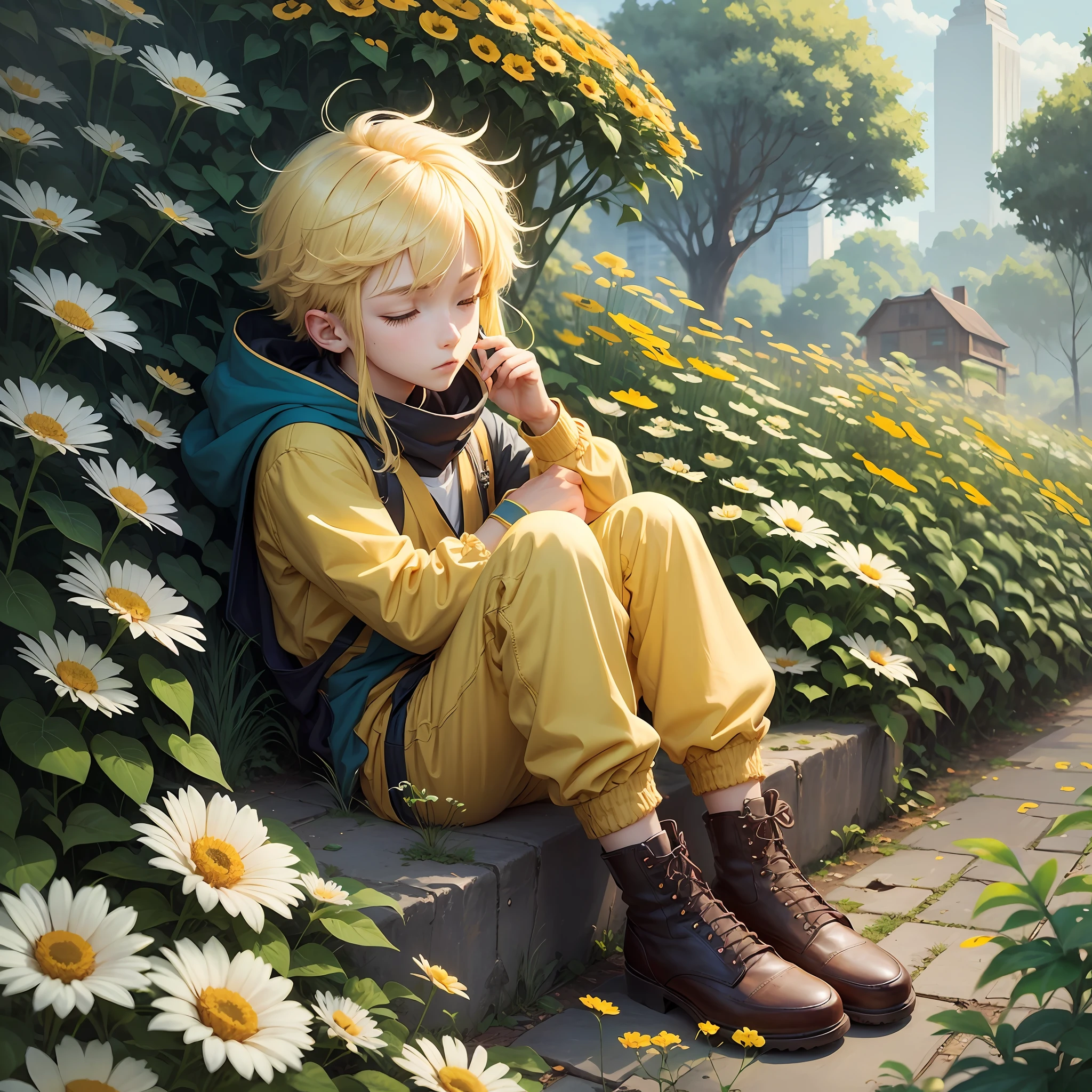 Anime boy sitting on a big yellow flower, mostly yellow colors, anime boy has yellow hairs and orange clothes, open air, he sleeping on the flower, he looks thoughtfull, there are big bees --auto --s2