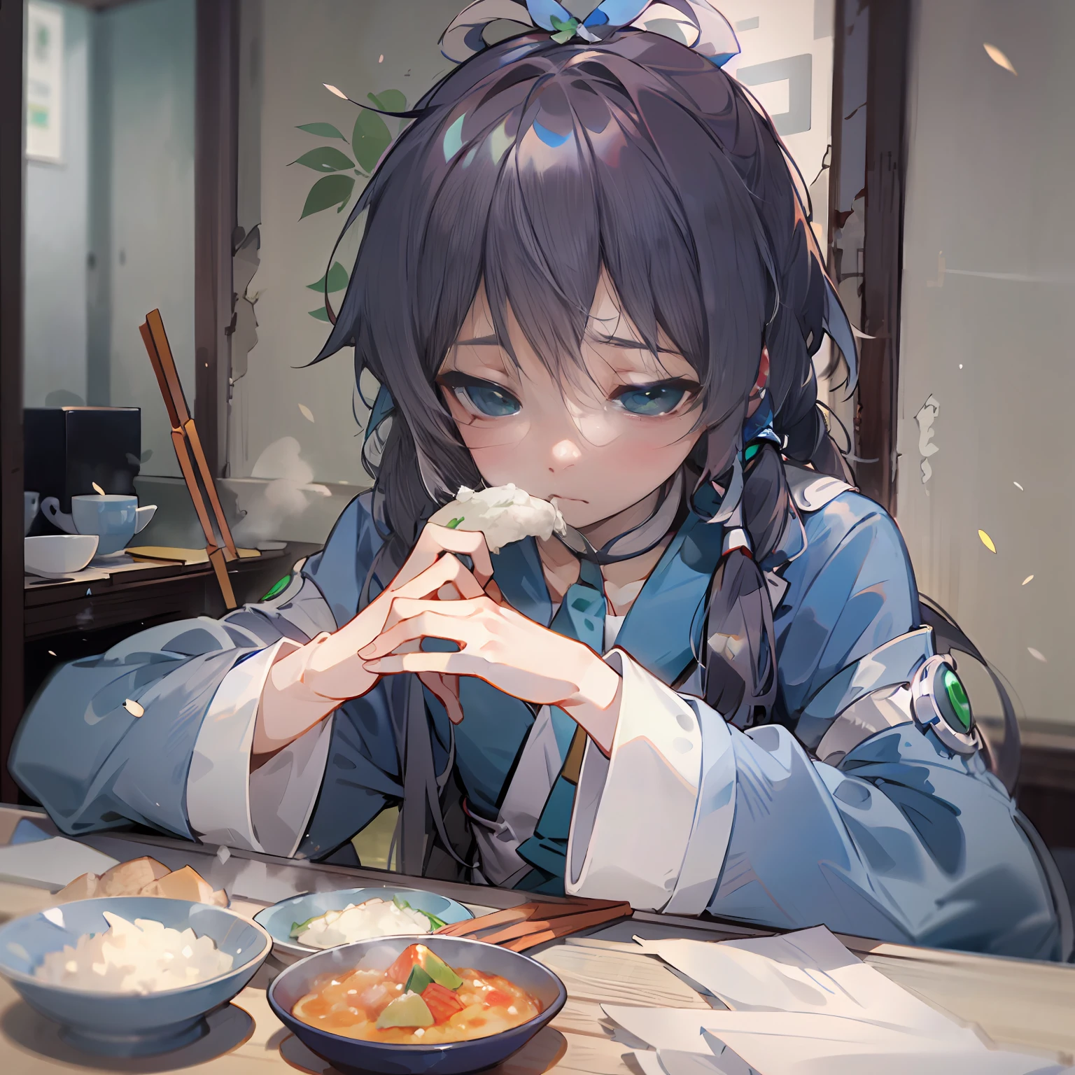 Luo Tianyi lowered his head and picked up the chopsticks，Quietly took a bite of rice，With a sad look on his face。luotianyi