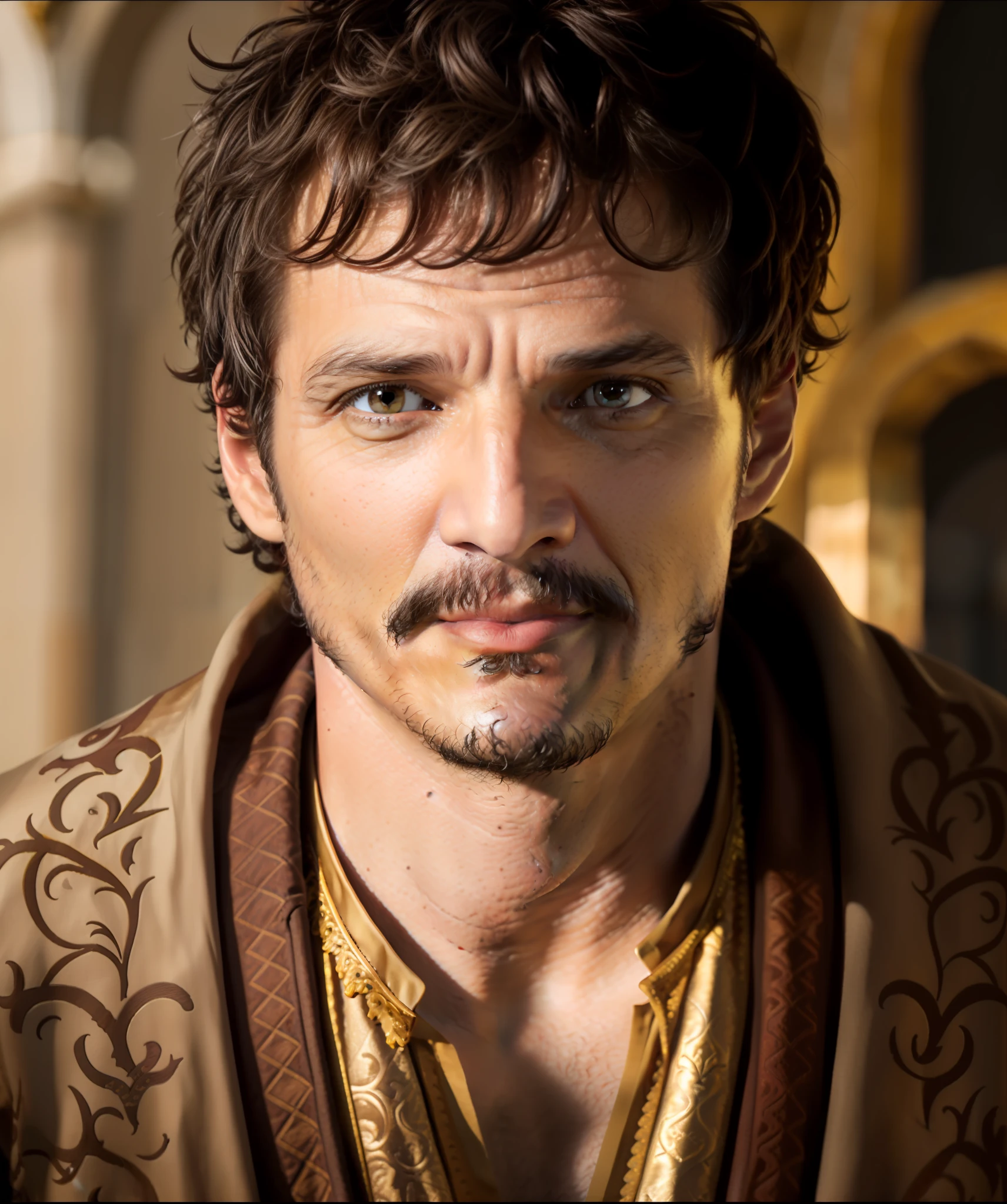 medium photo of man (pedro pascal:1.05),playing Oberyn Martell,24mm,4k textures,soft cinematic light,highly detailed,sharp focus,hyperdetailed,low contrast,exposure blend,gold accents reflecting,gold jewelry,(brown eyes:1.35)