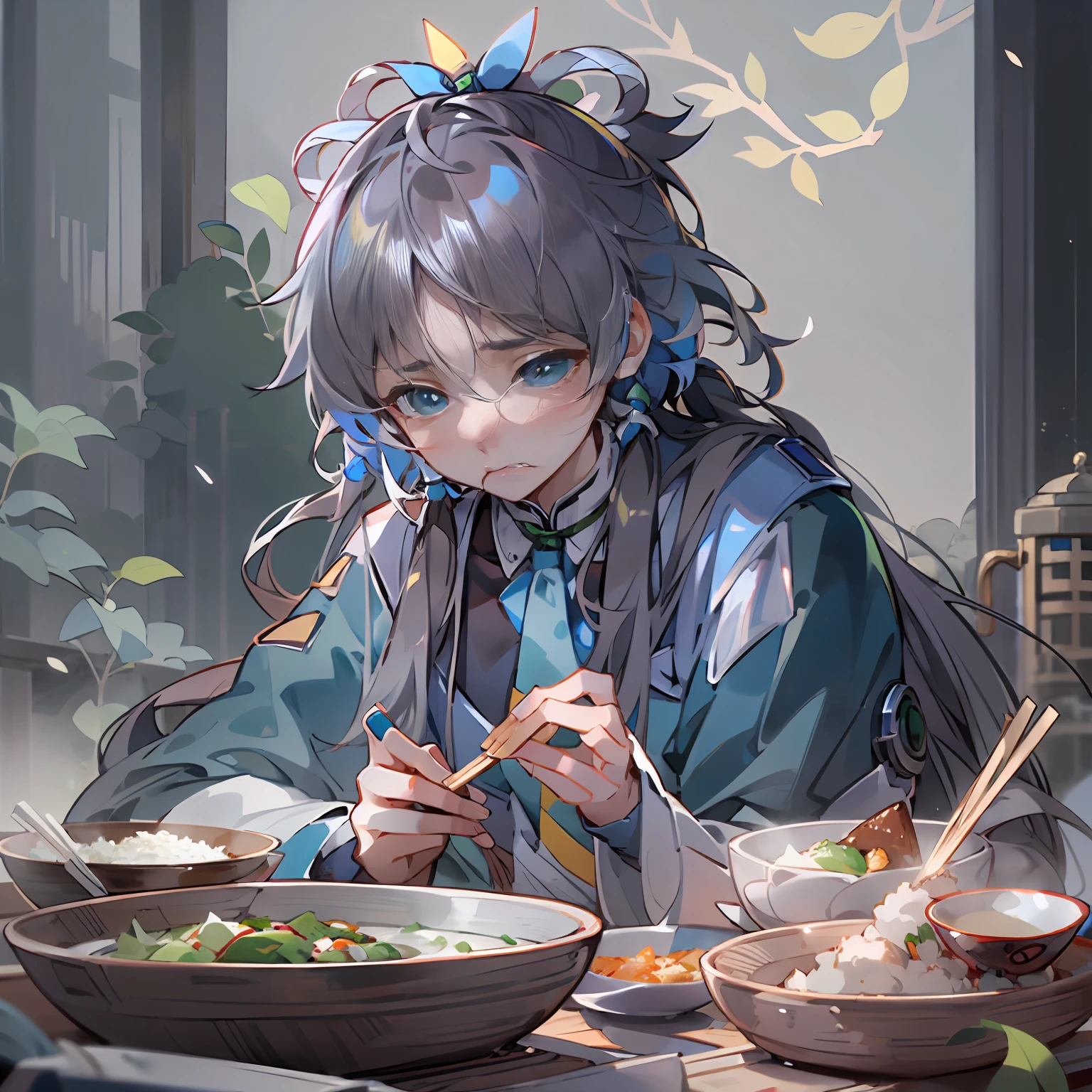 Luo Tianyi lowered his head and picked up the chopsticks，Quietly took a bite of rice，With a sad look on his face。luotianyi