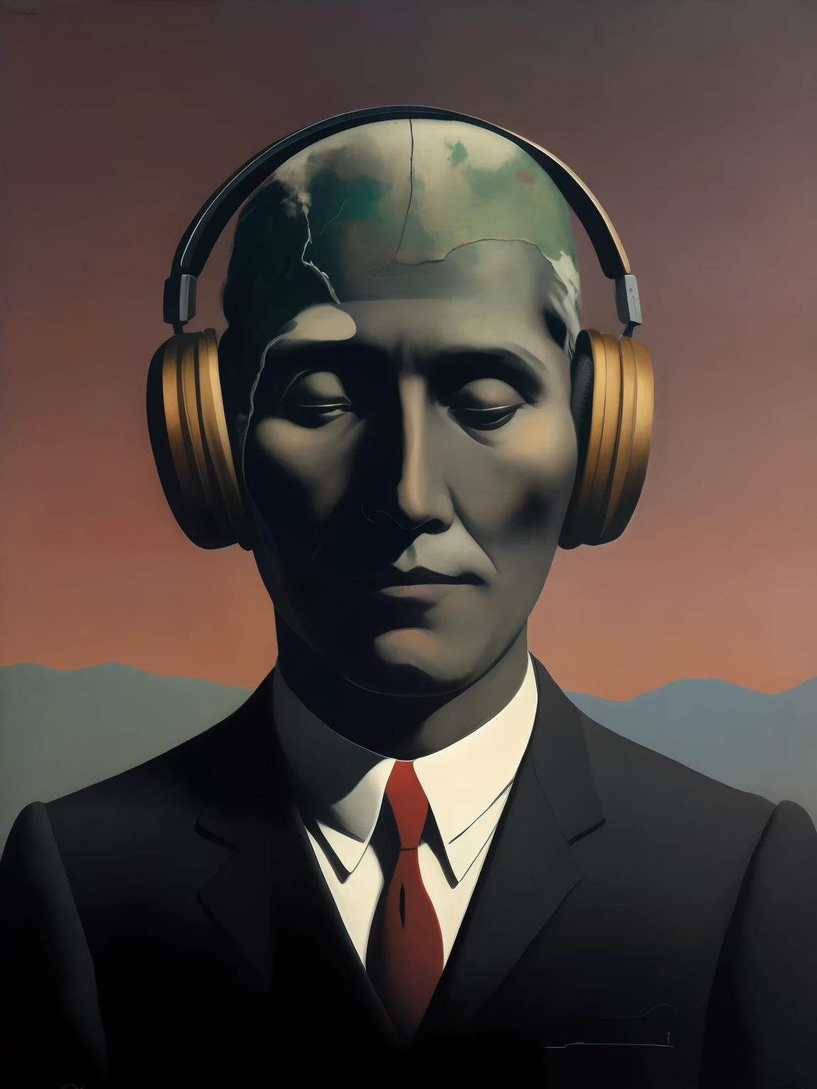 a painting of a man in a suit with a headphone jack with a Mexican hat