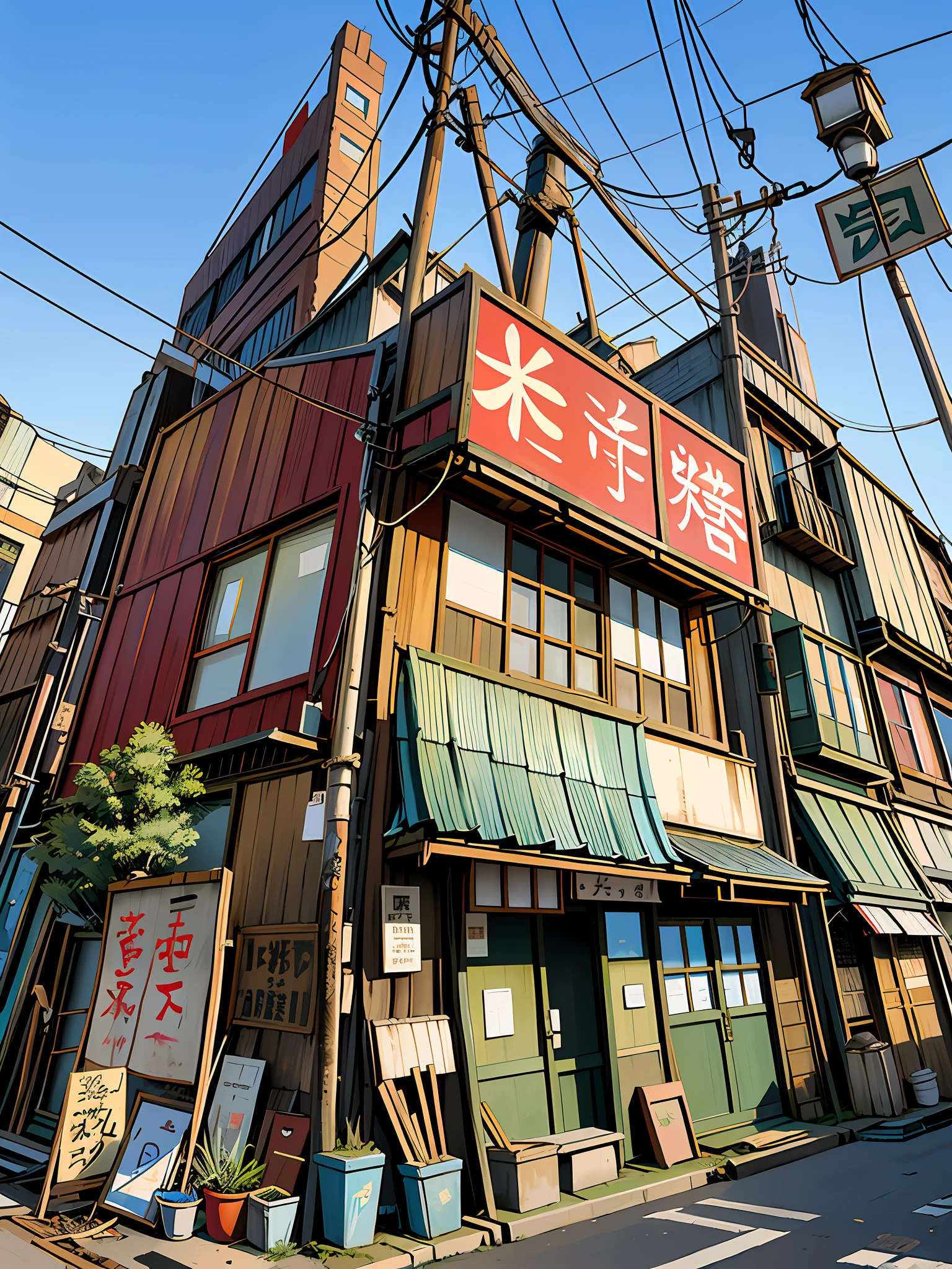 Comic art, There is a building with a sign that says Japanese, japanese neighborhood, Japanese houses, Tokyo - esque town, Deserted Shinjuku Junk Town, in Tokyo under, deserted shinjuku junk, Old buildings, Old house, Dusty abandoned Shinjuku, japanese downtown, poor buildings, small room in tokyo, Dilapidated houses, in a tokyo street