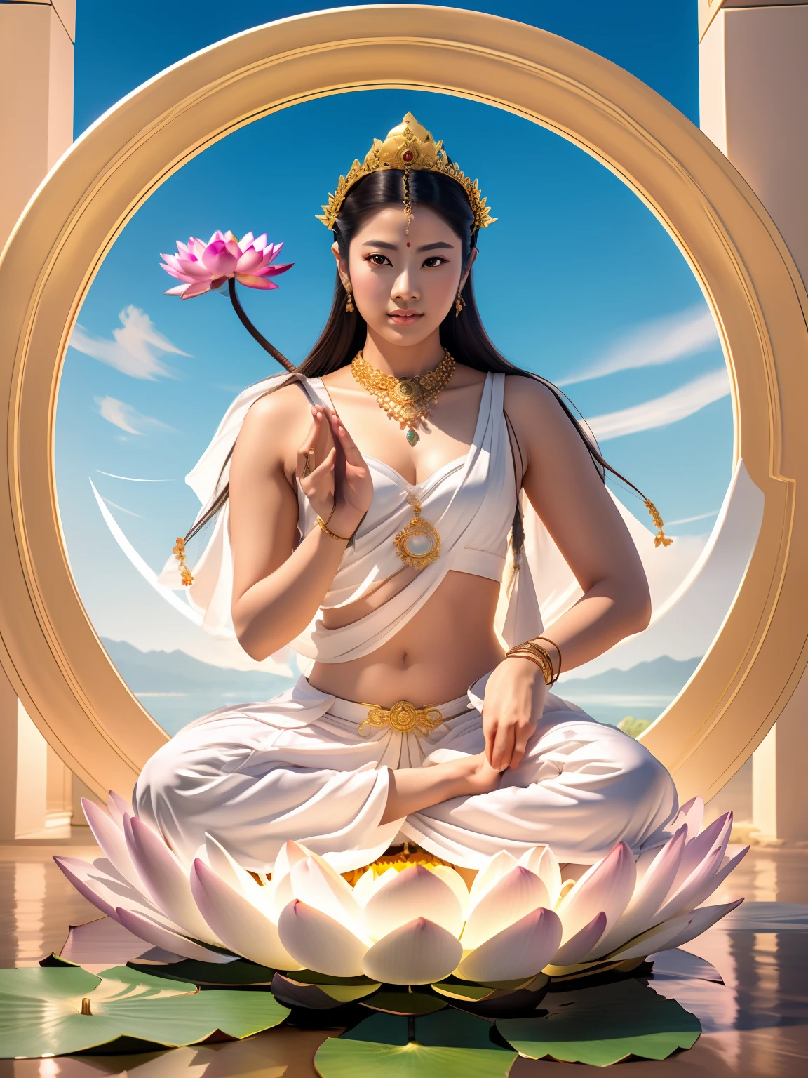 tmasterpiece,超高分辨率,Buddha Mother in White,16 yaers old,Beautiful bodhisattva holding lotus flowers in his hands,((( Face the audience with the palm of your hand))),((Beautiful big eyes looking at the audience)),(healthy-looking skin， Thin skin,二重まぶた,Jelly textured lips,Glowing lips,(((Flawless skin texture))),Real pores,White skin of the,ctextured skin,（Wear gemstones,pearls,hisui,amber,）,crown,choker necklace,Yingluo,jewelry,white  clothes,The head shines,Blue sky background,Flat background,Clean picture,Pure sky,Extremely high detail,Perfect Goddess,full art illustration,photorealestic,professional photoshooting,超高分辨率, best qualtiy, photore, 8K,（realisticlying：1.2),A golden glow overhead（The halo：1.2),golden headdress,Brighter,tmasterpiece,best qualtiy,Complicated details，Light environment and crystals in the background,crystal,Portal of the future,3D light,k hd,magia,God of Light,The light from the back window is backlighted,详细的脸,depth of fields,Gentle lighting,Tone-mapping,highly  detailed,concept-art,Smoothness,Clear focus,Dramatic lighting,highly detailed art,cinematic ligh,8K,amazing shadows（highly detailed back ground：1.2）The woman sitting on the lotus holds a lotus flower,（（Pink lotus））,Guanyin, an ancient Chinese goddess, guanyin of the southern seas, Sit gracefully on a lotus, gilded lotus princess, Pink Lotus Queen, contented female bodhisattva, inspired by Lü Ji, Realiy, sitting on a lotus flower, Lotus，3Drenderingof