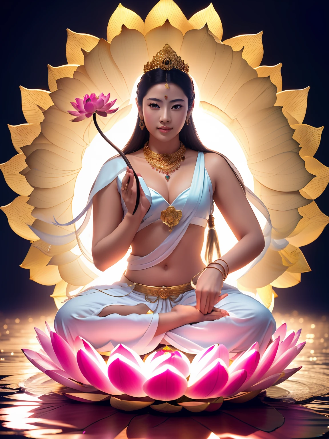 tmasterpiece,超高分辨率,Buddha Mother in White,16 yaers old,Beautiful bodhisattva holding lotus flowers in his hands,((( Face the audience with the palm of your hand))),((Beautiful big eyes looking at the audience)),(healthy-looking skin, Thin skin,二重まぶた,Jelly textured lips,Glowing lips,(((Flawless skin texture))),Real pores,White skin of the,ctextured skin,(Wear gemstones,pearls,hisui,amber,),crown,choker necklace,Yingluo,jewelry,white clothes,The head shines,Blue sky background,Flat background,Clean picture,Pure sky,Extremely high detail,Perfect Goddess,full art illustration,photorealestic,professional photoshooting,超高分辨率, best qualtiy, photore, 8K,(realisticlying:1.2),A golden glow overhead(The halo:1.2),golden headdress,Brighter,tmasterpiece,best qualtiy,Complicated details,Light environment and crystals in the background,crystal,Portal of the future,3D light,k hd,magia,God of Light,The light from the back window is backlighted,详细的脸,depth of fields,Gentle lighting,Tone-mapping,highly detailed,concept-art,Smoothness,Clear focus,Dramatic lighting,highly detailed art,cinematic ligh,8K,amazing shadows(highly detailed back ground:1.2)The woman sitting on the lotus holds a lotus flower,((Pink lotus)),Guanyin, an ancient Chinese goddess, guanyin of the southern seas, Sit gracefully on a lotus, gilded lotus princess, Pink Lotus Queen, contented female bodhisattva, inspired by Lü Ji, Realiy, sitting on a lotus flower, Lotus,3Drenderingof