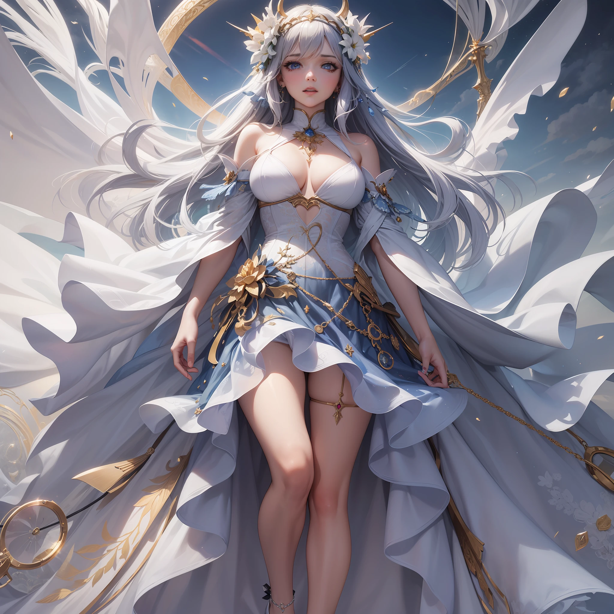 (tmasterpiece,top-quality,best qualityer,offcial art,Beauty and aesthetics:1.2),(1girll),extremy detailed,(s fractal art:1.3),rich colourful,highest details,s the perfect face,Full body photo,hdr,(Short white dress:1.2),galaxias,(light stre),striking visual effects,(dynamic streaks,Luminous trajectory:1.2),vivd colour,(white Heels:1.3),超高分辨率,Photoreality,rays of sunshine,full-body portraits,stunningly beautiful,delicated face,Vibrant eyes,opulent,milkyW,Highly detailed skin,Realistic details of skin,Visible Pore,tack sharp focus,volume fog,8K UHD,digital SLR camera,high qulity,filmgrain,White skin of the