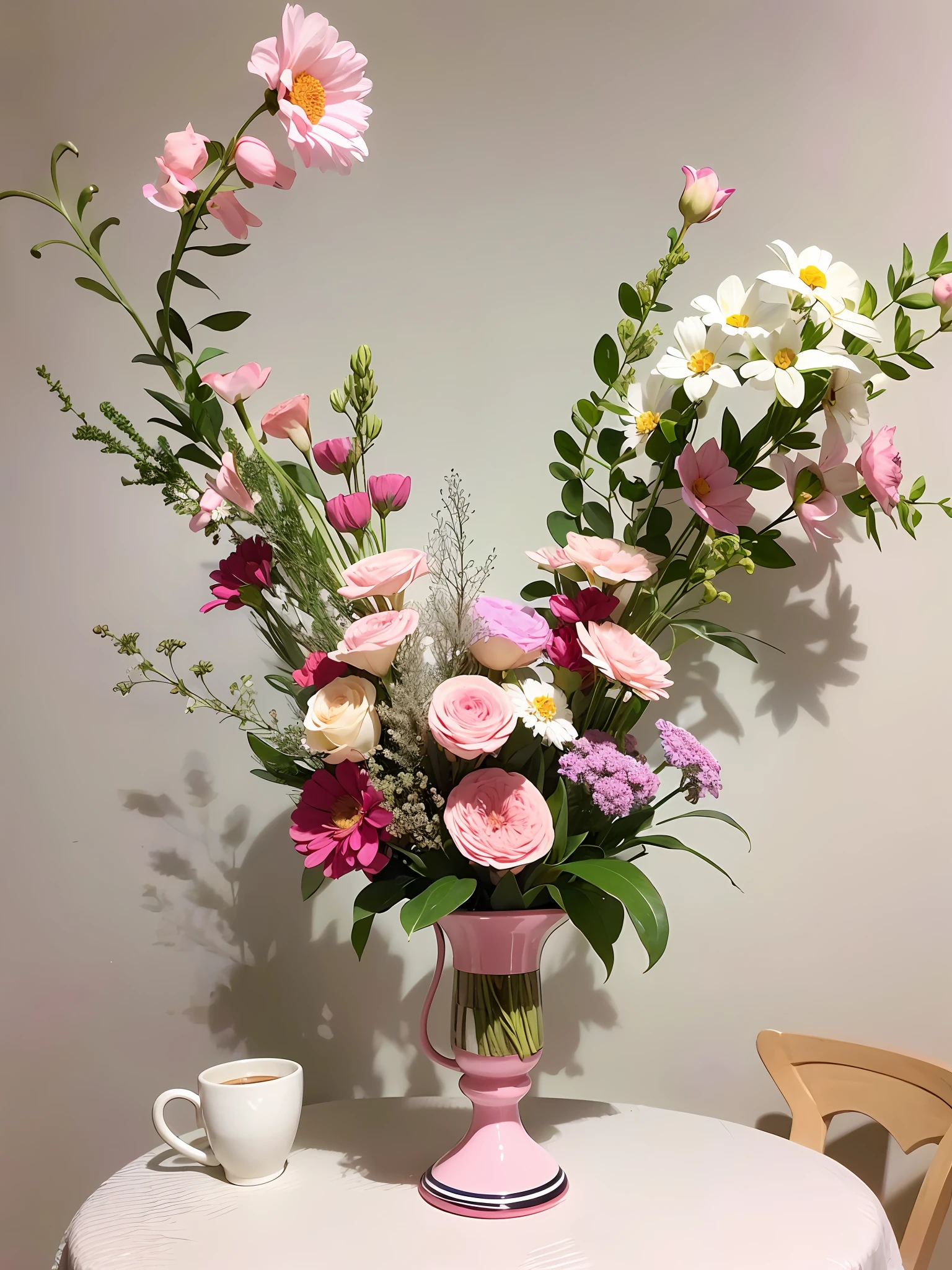 There was a vase of flowers on the table,A cup of coffee was placed on it, Soft blue and pink, pastel overflow, i dream of a vase flowers, Pink flowers, flowers and stems, Bouquet, more and more flowers, flower bouquet, detailed flowers, Lots of flowers, Full of flowers, Blooming flowers, flowers and blossoms, Beautiful flowers, beautiful flowers