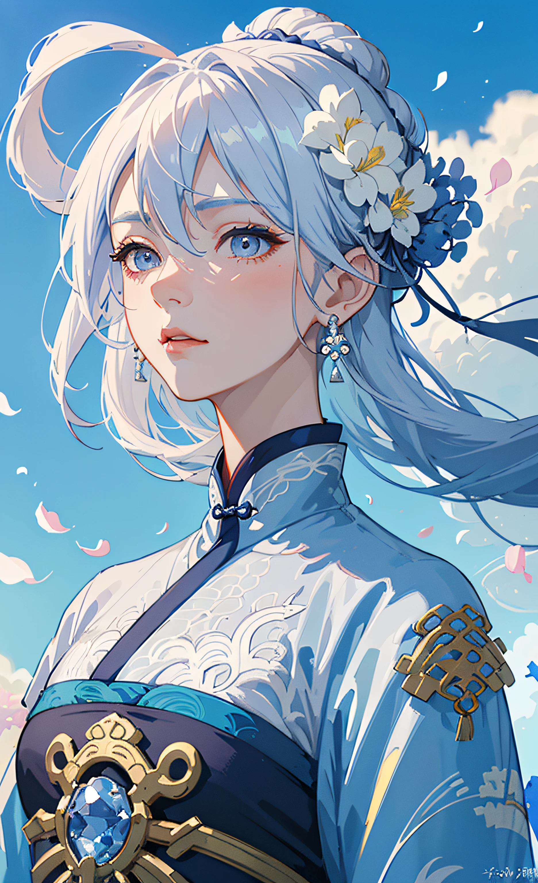 Mature girl, blue and white hair color, floating hair, delicate and flexible eyes, intricate brocade hanfu, gorgeous accessories, wearing pearl earrings, FOV, f/1.8, masterpiece, ancient Chinese style architecture, blue sky, flower petals flying, front portrait shot, Chang'e, side lighting, sunlight shining on people