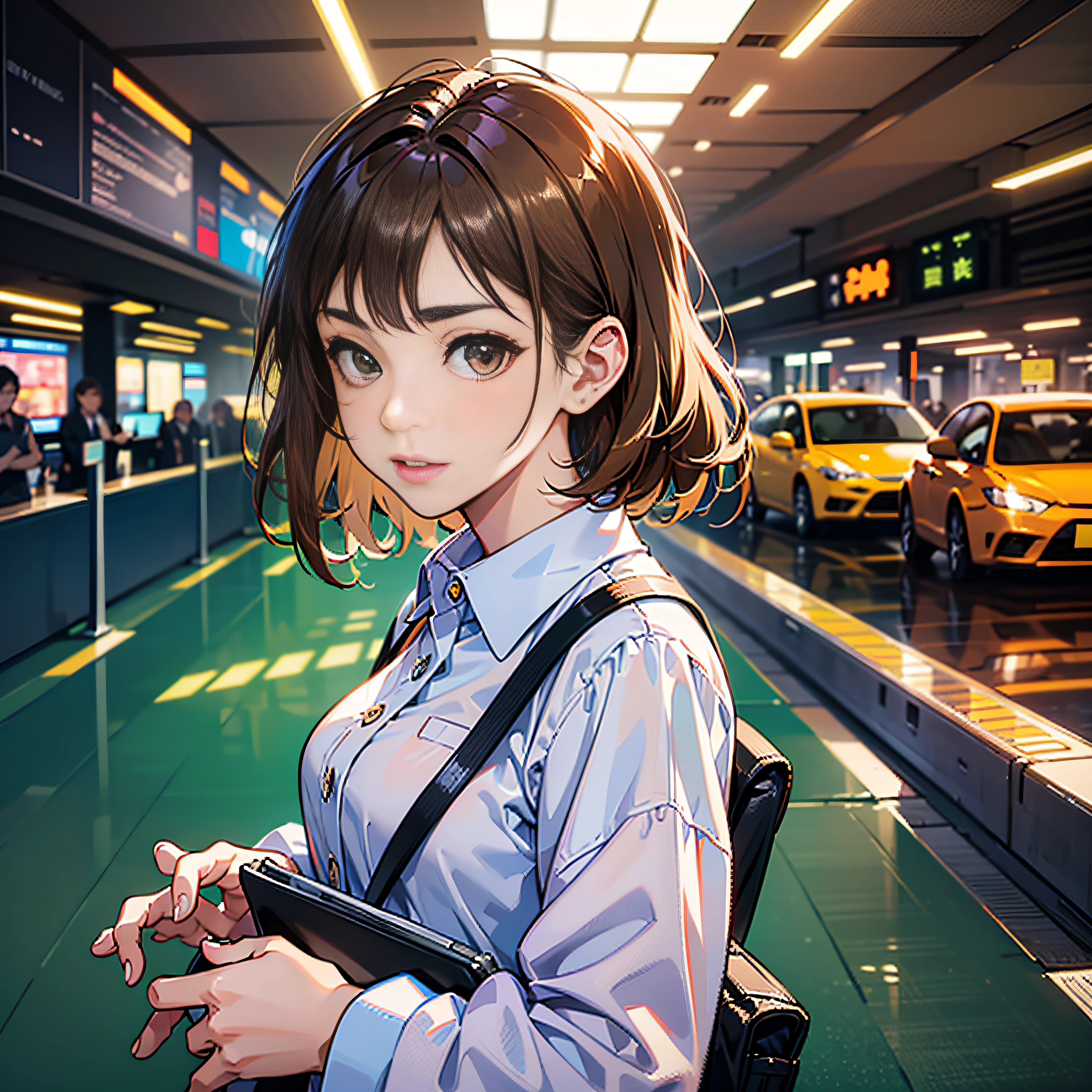 (airport:1), PM, (Doctor Gown:1), Light brown fringe shorthair, Light brown eyes, 3女の子, 20yr old, innocence, (Photorealsitic), (intricate-detail:1.2),(​masterpiece, :1.3),(top-quality:1.4), (超A high resolution:1.2), 超A high resolution, (A detailed eye), (detailed facial features), HDR, 8K分辨率,  (lensflare:0.7), Looks Back, Busy with inspection reports, Face Viewer