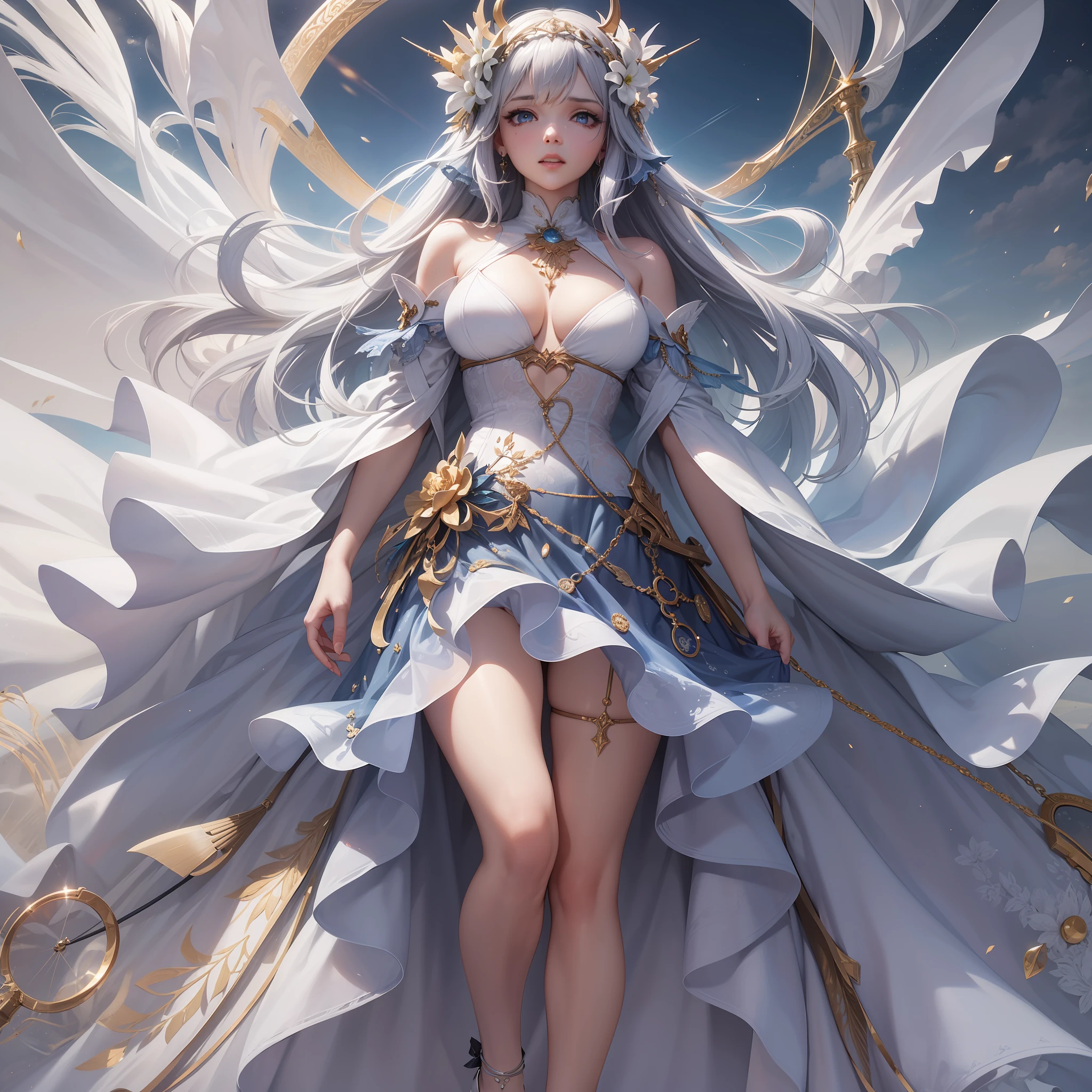 (tmasterpiece,top-quality,best qualityer,offcial art,Beauty and aesthetics:1.2),(1girll),extremy detailed,(s fractal art:1.3),rich colourful,highest details,s the perfect face,Full body photo,hdr,(Short white dress:1.2),galaxias,(light stre),striking visual effects,(dynamic streaks,Luminous trajectory:1.2),vivd colour,(white Heels:1.3),超高分辨率,Photoreality,rays of sunshine,full-body portraits,stunningly beautiful,delicated face,Vibrant eyes,opulent,milkyW,Highly detailed skin,Realistic details of skin,Visible Pore,tack sharp focus,volume fog,8K UHD,digital SLR camera,high qulity,filmgrain,White skin of the