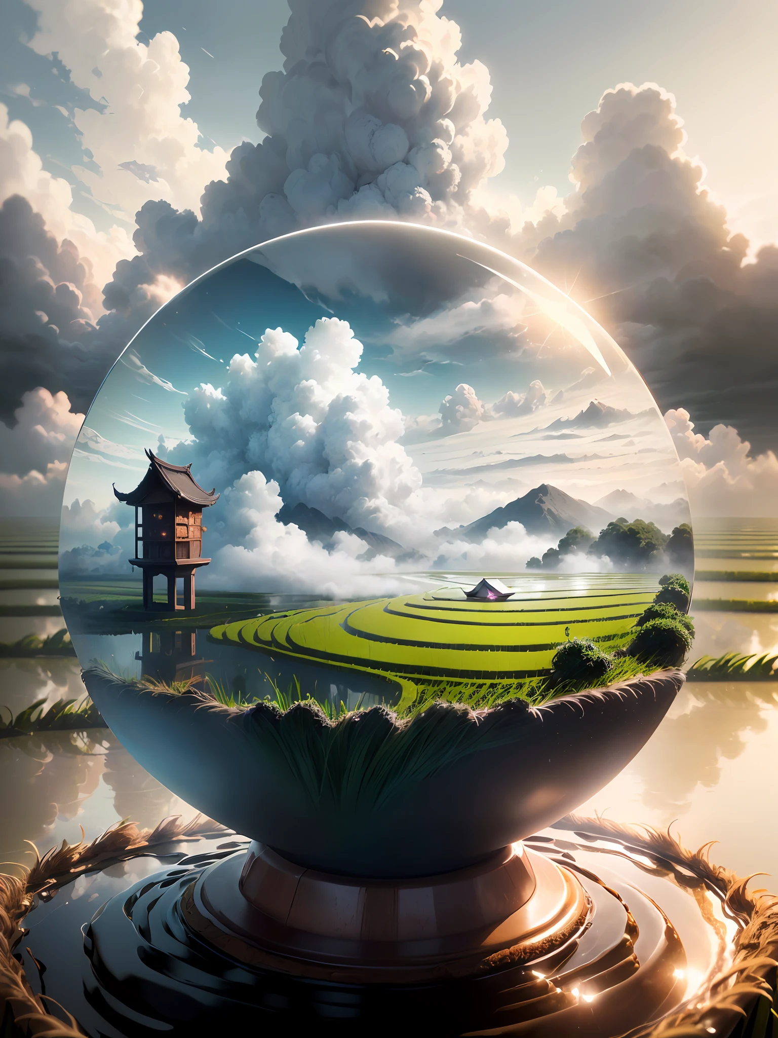 Hyper-realistic、16K High Resolution、(Maximum Sharp Focus:1.3)、(Maximum Close-up:1.5)、(Single crystal ball with pedestal on table:1.4)、(rice paddy、rice crop,、black clouds、White fog:1.5)、(Large bokeh background、blue back light:1.3)