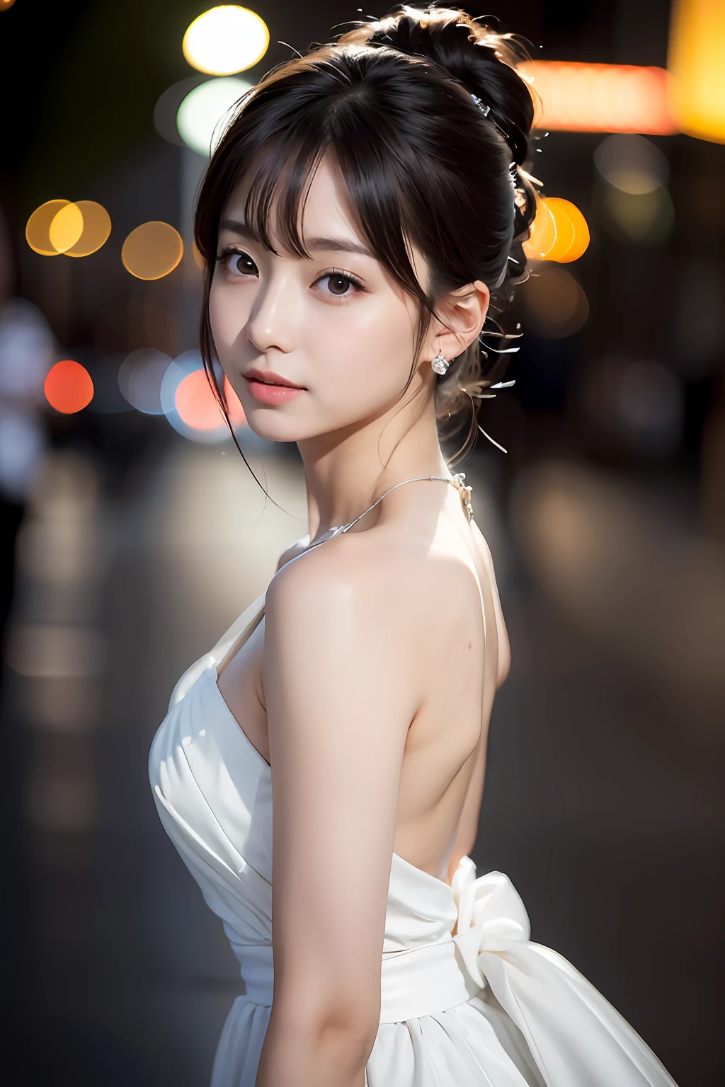 ((addielyn))、Random posture、(extremely delicate and beautiful work)、(​masterpiece)、One girl、Highly Detailed Elegant Wedding Dresses、tiarra、A highly detailed、Warped ponytail、A charming expression、Beautiful and clear eyes、Green pupil、delicate necklaces、Delicate earrings、Simple blurry background、Description of extreme details、Beautiful fece、A charming、Ultra-fine painting、delicated face、Delicate figure、thin clavicle、Beautiful lips、Soft back view、mix4、(8K、Raw photography、top-quality、​masterpiece:1.2), (reallistic, Photorealsitic:1.37),1girl in,Cute,Cityscape, natta, Sateen, Wetty, Professional Lighting, Photon mapping, Radio City, physically-based renderingt, above waist、乃木坂アイドル、韓国アイドル、１４age