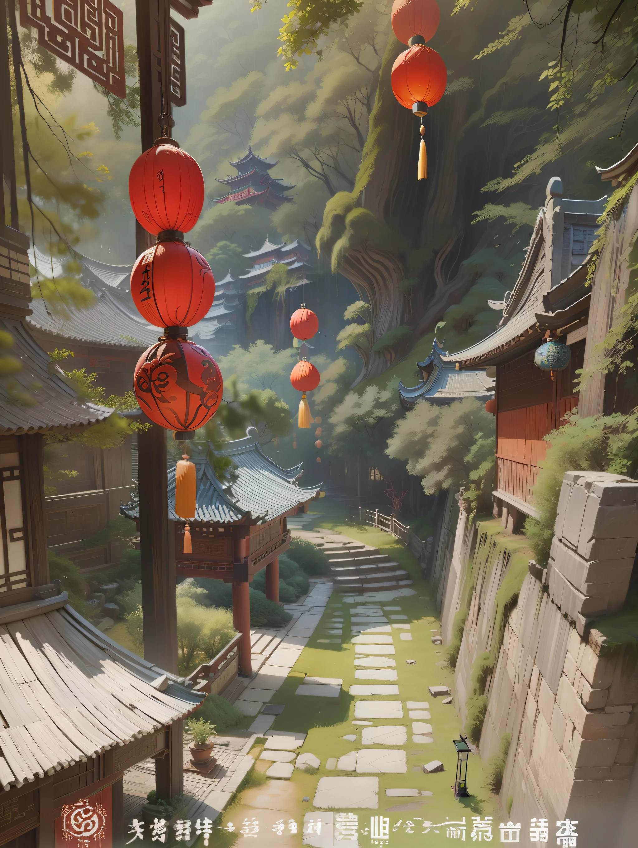 Ancient Chinese landscapes，ancient buildings，Pavilions，Carved beams and paintings，enchanting scenery，Inspired by Jin Yong martial arts，To be 3D style