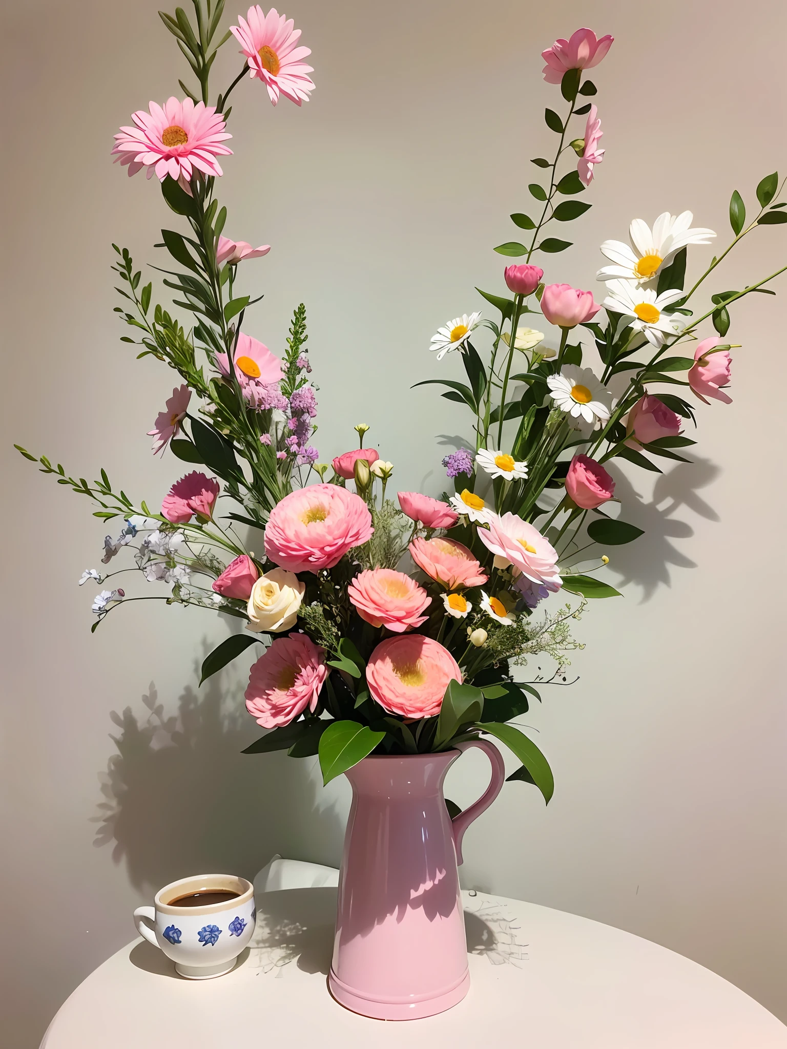 There was a vase of flowers on the table,A cup of coffee was placed on it, Soft blue and pink, pastel overflow, i dream of a vase flowers, Pink flowers, flowers and stems, Bouquet, more and more flowers, flower bouquet, detailed flowers, Lots of flowers, Full of flowers, Blooming flowers, flowers and blossoms, Beautiful flowers, beautiful flowers