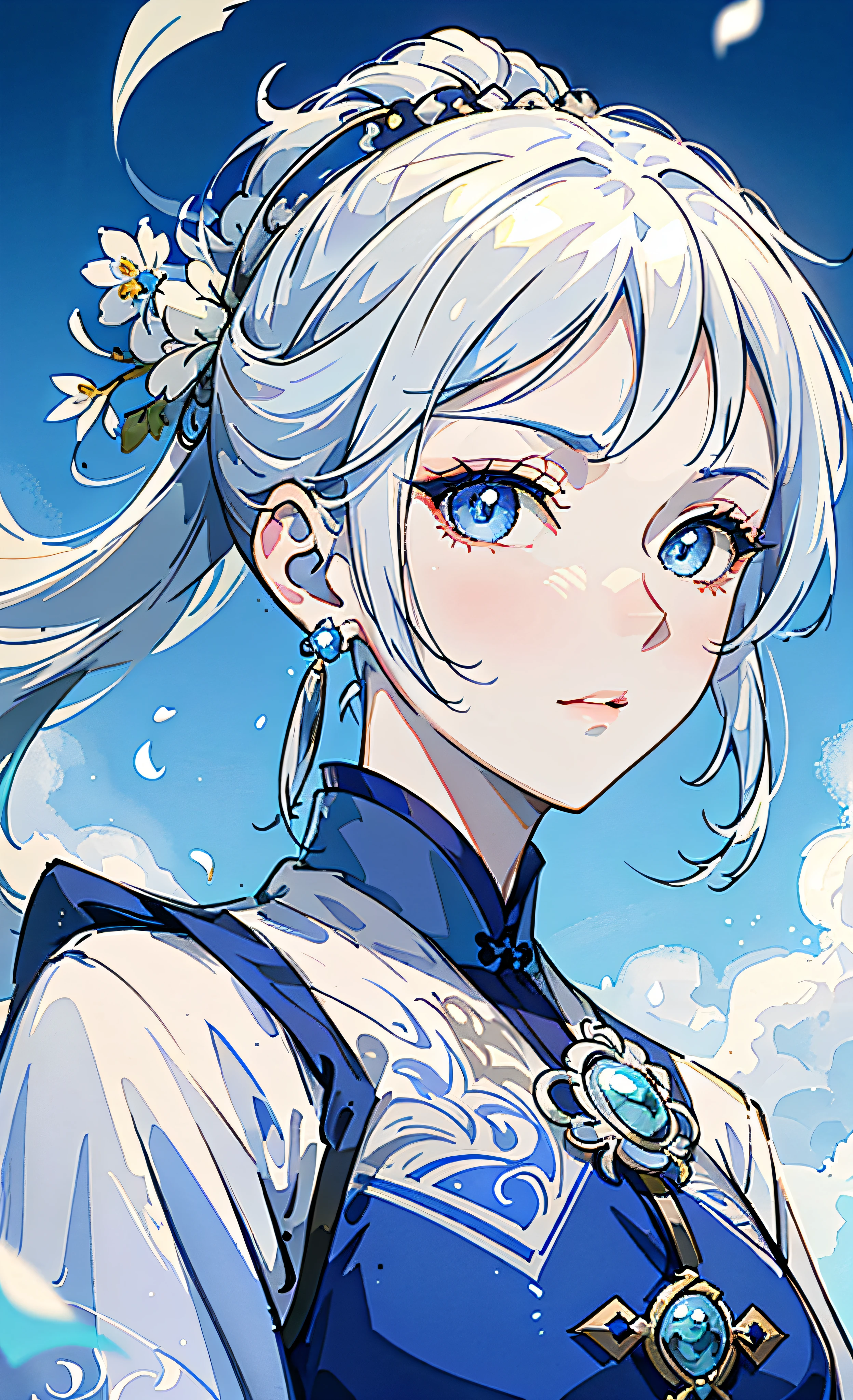 Mature girl, blue eyes, blue-white hair color, floating hair, delicate and flexible eyes, intricate damask Hanfu, gorgeous accessories, wearing pearl earrings, FOV, f/1.8, masterpiece, ancient Chinese architecture, blue sky, flower petals flying, front portrait shot, Chang'e, side lighting, sunlight on people, 8K