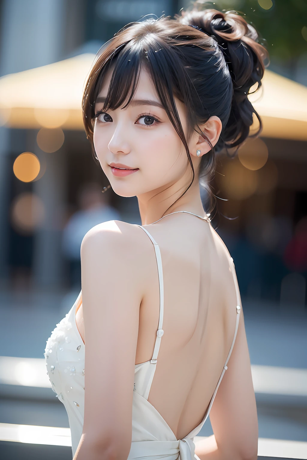 ((addielyn))、Random posture、(extremely delicate and beautiful work)、(masterpiece)、One girl、Highly Detailed Elegant Wedding Dresses、tiarra、A highly detailed、Warped ponytail、A charming expression、Beautiful and clear eyes、Green pupil、delicate necklaces、Delicate earrings、Simple blurry background、Description of extreme details、Beautiful fece、A charming、Ultra-fine painting、delicated face、Delicate figure、thin clavicle、Beautiful lips、Soft back view、mix4、(8K、Raw photography、top-quality、masterpiece:1.2), (reallistic, Photorealsitic:1.37),1girl in,Cute,Cityscape, natta, Sateen, Wetty, Professional Lighting, Photon mapping, Radio City, physically-based renderingt, above waist、乃木坂アイドル、韓国アイドル、14age