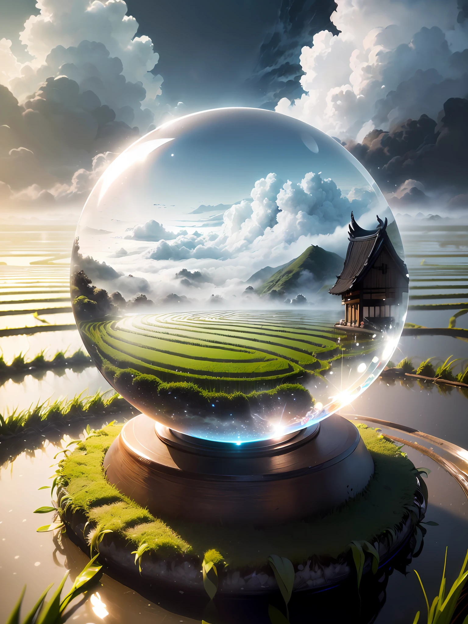 Hyper-realistic、16K High Resolution、(Maximum Sharp Focus:1.3)、(Maximum Close-up:1.5)、(Single crystal ball with pedestal on table:1.4)、(rice paddy、rice crop,、black clouds、White fog:1.5)、(Large bokeh background、blue back light:1.3)