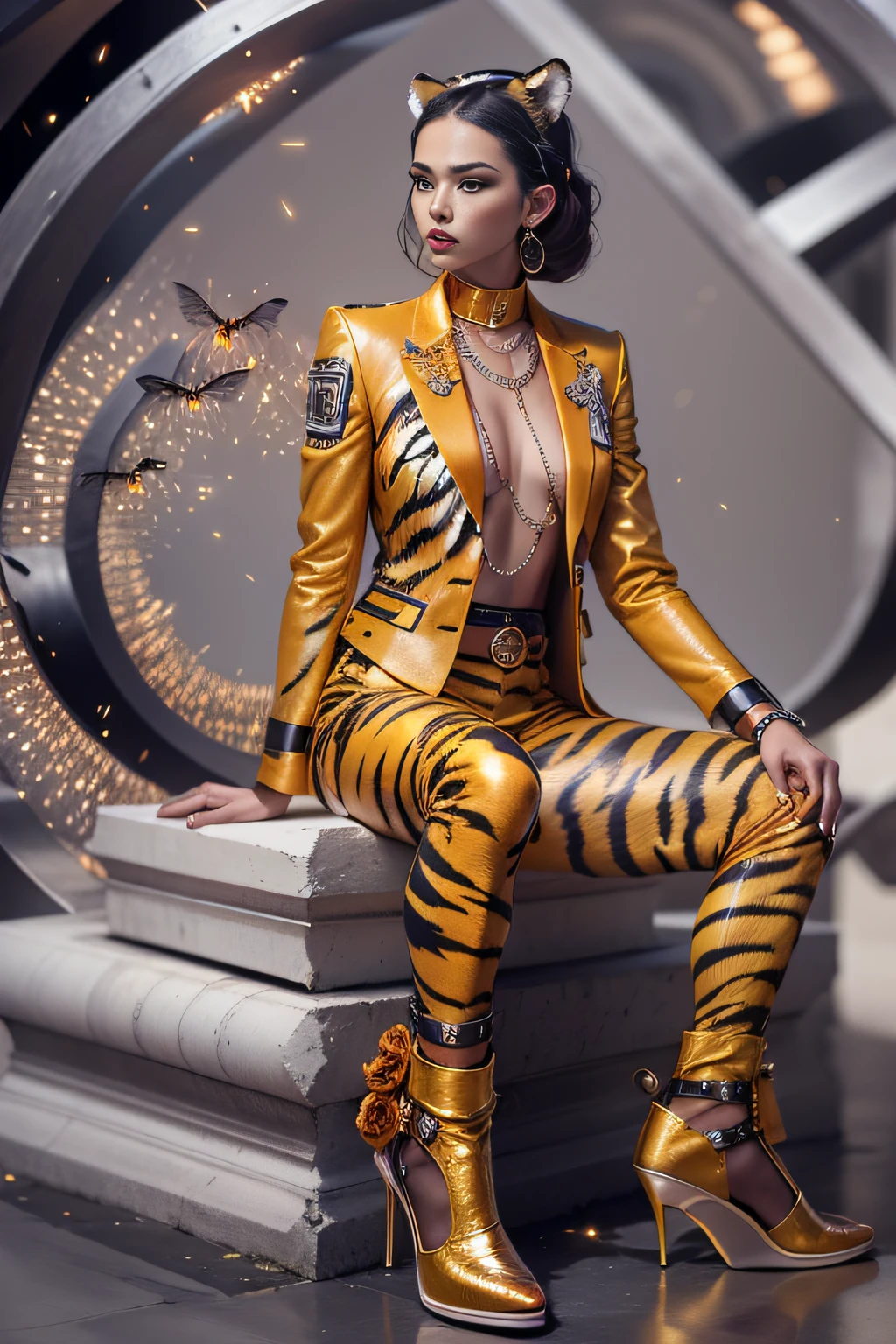 A photorealistic image of a ((surreal fashionista)) ((tiger)) in a high-end photo shoot, captured in a futuristic setting with bold, geometric shapes and neon lighting in the background. The tiger will be dressed in ((avant-garde fashion)), sporting a metallic jumpsuit and gold chains. The outfit will have a ((wide-legged)) pantsuit, a ((minimalist)) top with a ((deep V-neckline)), and a statement belt. The final image will be a ((full-body)) shot of the tiger, striking a bold pose, exuding power and grace, as if they were the star of a high-fashion editorial.
To add a surreal twist to the image, the scene will feature unexpected details, such as a ((floating orb)) or a ((swarm of fireflies)), creating a whimsical, dreamlike atmosphere. The final image should be of ((high resolution)) and ((highly detailed)) to showcase the intricate details of the tiger's clothing and facial features.