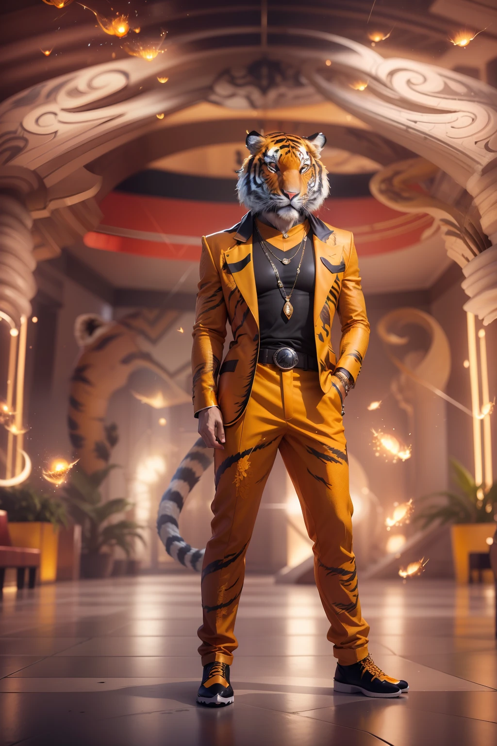 A photorealistic image of a ((surreal fashionista)) ((tiger)) in a high-end photo shoot, captured in a futuristic setting with bold, geometric shapes and neon lighting in the background. The tiger will be dressed in ((avant-garde fashion)), sporting a metallic jumpsuit and gold chains. The outfit will have a ((wide-legged)) pantsuit, a ((minimalist)) top with a ((deep V-neckline)), and a statement belt. The final image will be a ((full-body)) shot of the tiger, striking a bold pose, exuding power and grace, as if they were the star of a high-fashion editorial.
To add a surreal twist to the image, the scene will feature unexpected details, such as a ((floating orb)) or a ((swarm of fireflies)), creating a whimsical, dreamlike atmosphere. The final image should be of ((high resolution)) and ((highly detailed)) to showcase the intricate details of the tiger's clothing and facial features.