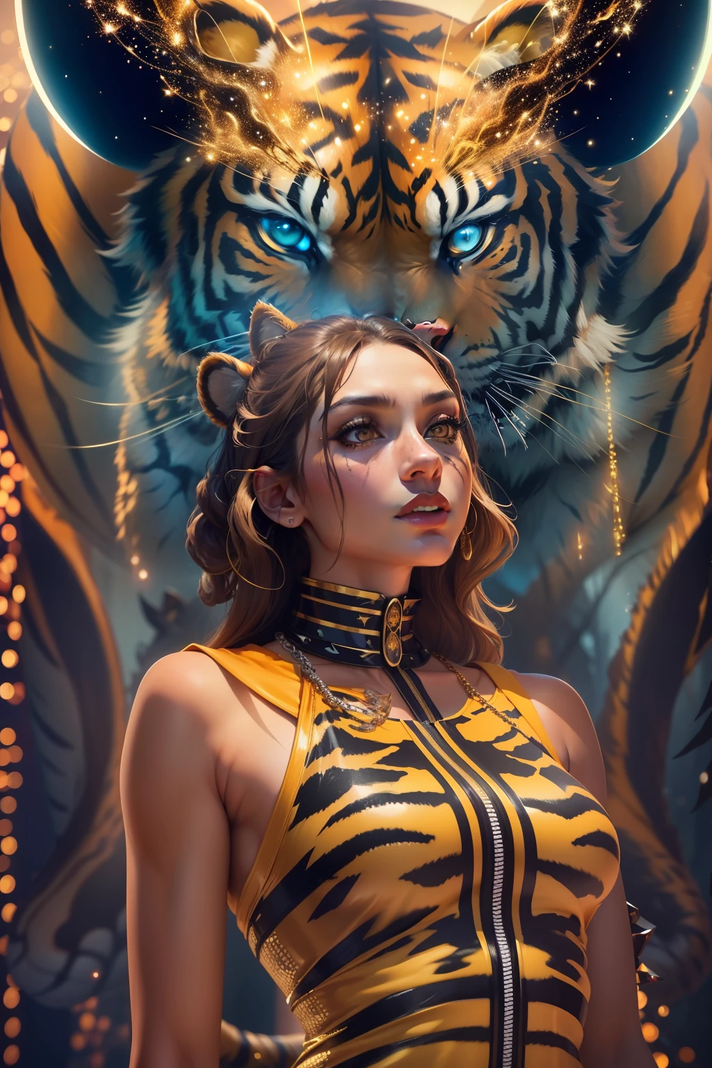 A photorealistic image of a ((surreal fashionista)) ((tiger)) in a high-end photo shoot, captured in a futuristic setting with bold, geometric shapes and neon lighting in the background. The tiger will be dressed in ((avant-garde fashion)), sporting a metallic jumpsuit and gold chains. The outfit will have a ((wide-legged)) pantsuit, a ((minimalist)) top with a ((deep V-neckline)), and a statement belt. The final image will be a ((full-body)) shot of the tiger, striking a bold pose, exuding power and grace, as if they were the star of a high-fashion editorial.

To add a surreal twist to the image, the scene will feature unexpected details, such as a ((floating orb)) or a ((swarm of fireflies)), creating a whimsical, dreamlike atmosphere. The final image should be of ((high resolution)) and ((highly detailed)) to showcase the intricate details of the tiger's clothing and facial features.