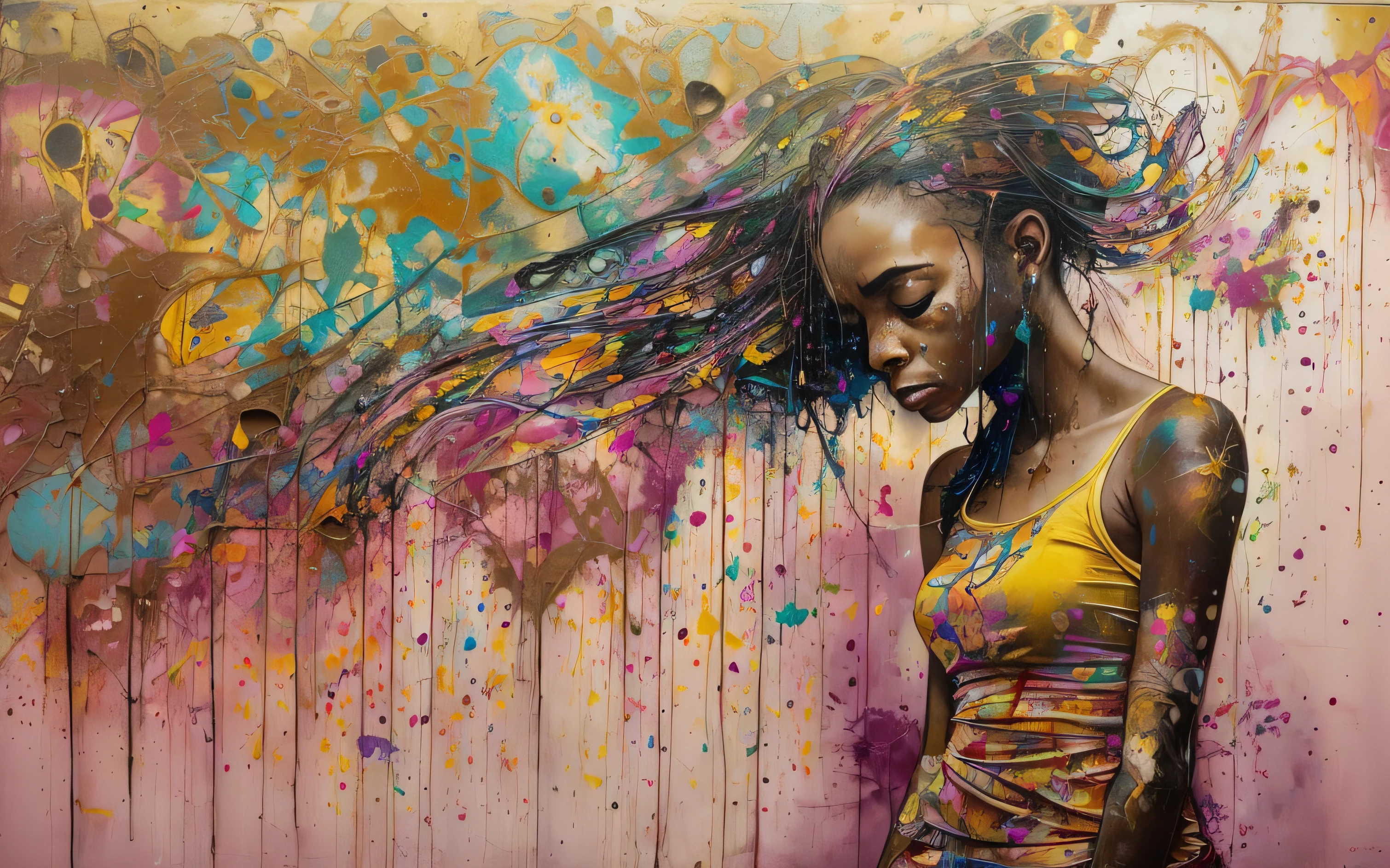 Weakened by my soulful cries,Shoulders falling down,haughtiness,sassiness,beset with gloom,girl cried,Bowed head and lowered eyes,pretty face,ruined building with graffiti, in front of graffiti wall, in an urban setting,Wangechi Mutu,Ben Templesmith,(Nicola Samori)-,(Lisa Frank)---