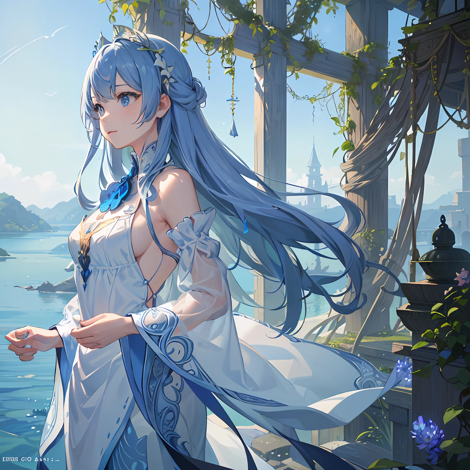 Many islands floating in the water、、城市、Fantasia、Growing a magic plant、Extreme details、Realistic light、Magnificent composition、(intricate-detail)、(intricate designs、ultra-detailliert:1.2)、art stations、(masterpiece、top-quality)、Ulutra HD、32k 、 --auto --v 6