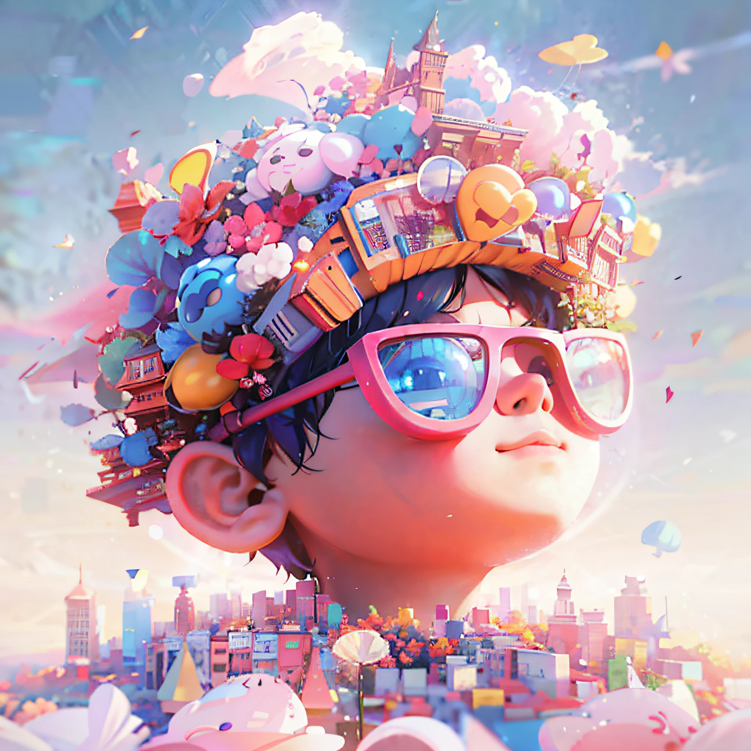 There was a with a bunch of balloons and a hat, Bipple and Jeremiah Ketner, Cute detailed digital art, style hybrid mix of beeple, adorable digital art, lovely digital painting, Beautiful digital artwork, 3 d render beeple, beeple!!, beeple style, Realism | beeple, stunning digital illustration --auto