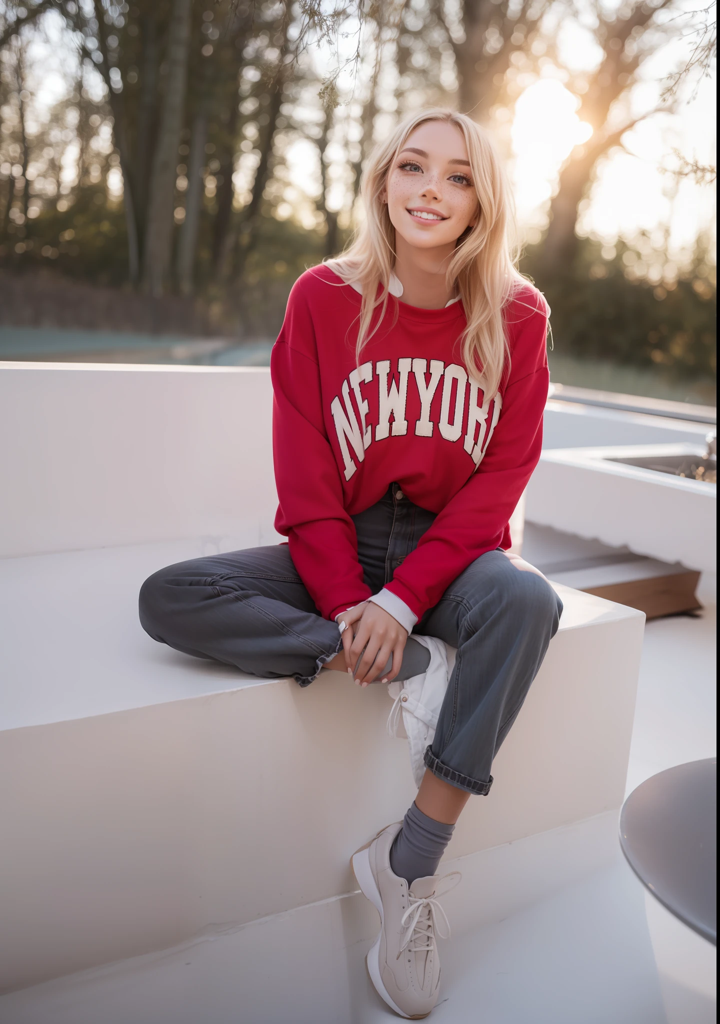 Rosto de uma mulher, americana, 23 anos, pale skin and freckles, olhos cinzas, nariz delicado, soft and delicate lips, cabelo blondie cinza, ultrarrealista HD fotorrealista altamente renderizado sorriso cativante