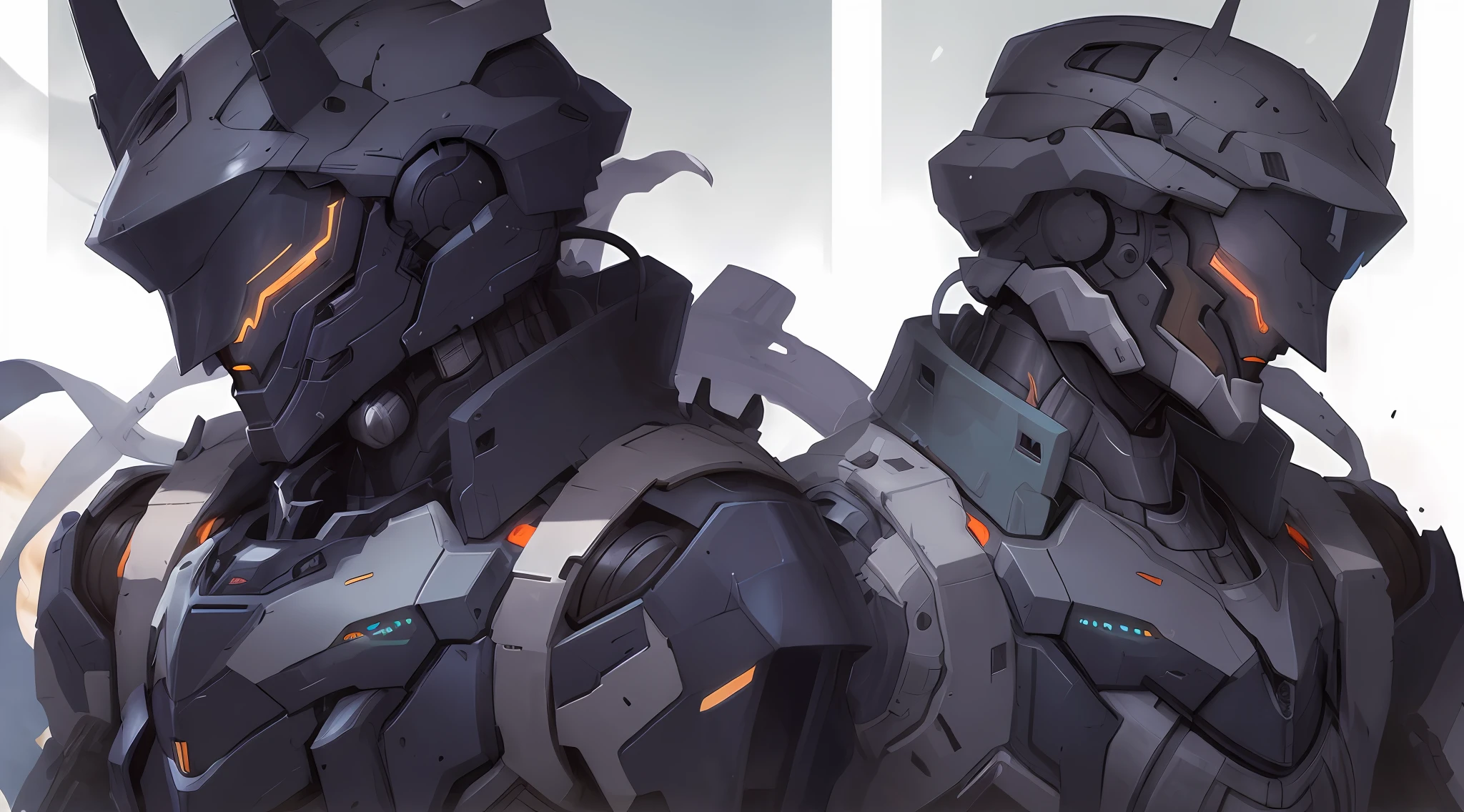 There are two men wearing mechs,zerochan art, Detailed digital anime art, inspired by Krenz Cushart,white backgrounid,Dark-tone mech,glowing light,