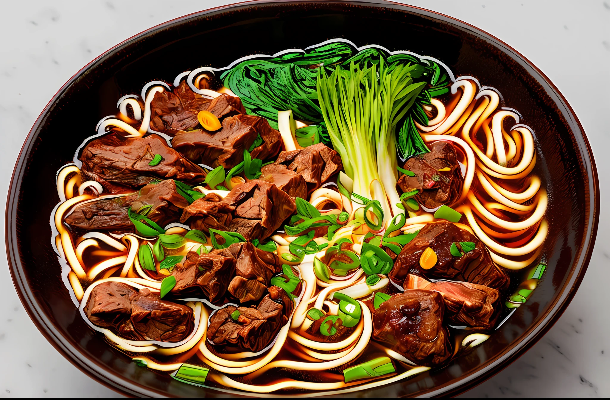 a bowl of beef noodle soup, ((masterpiece)),illustration,high detail, soft lighting, delicious, colorful, aesthetically pleasing, studio lighting, trending
