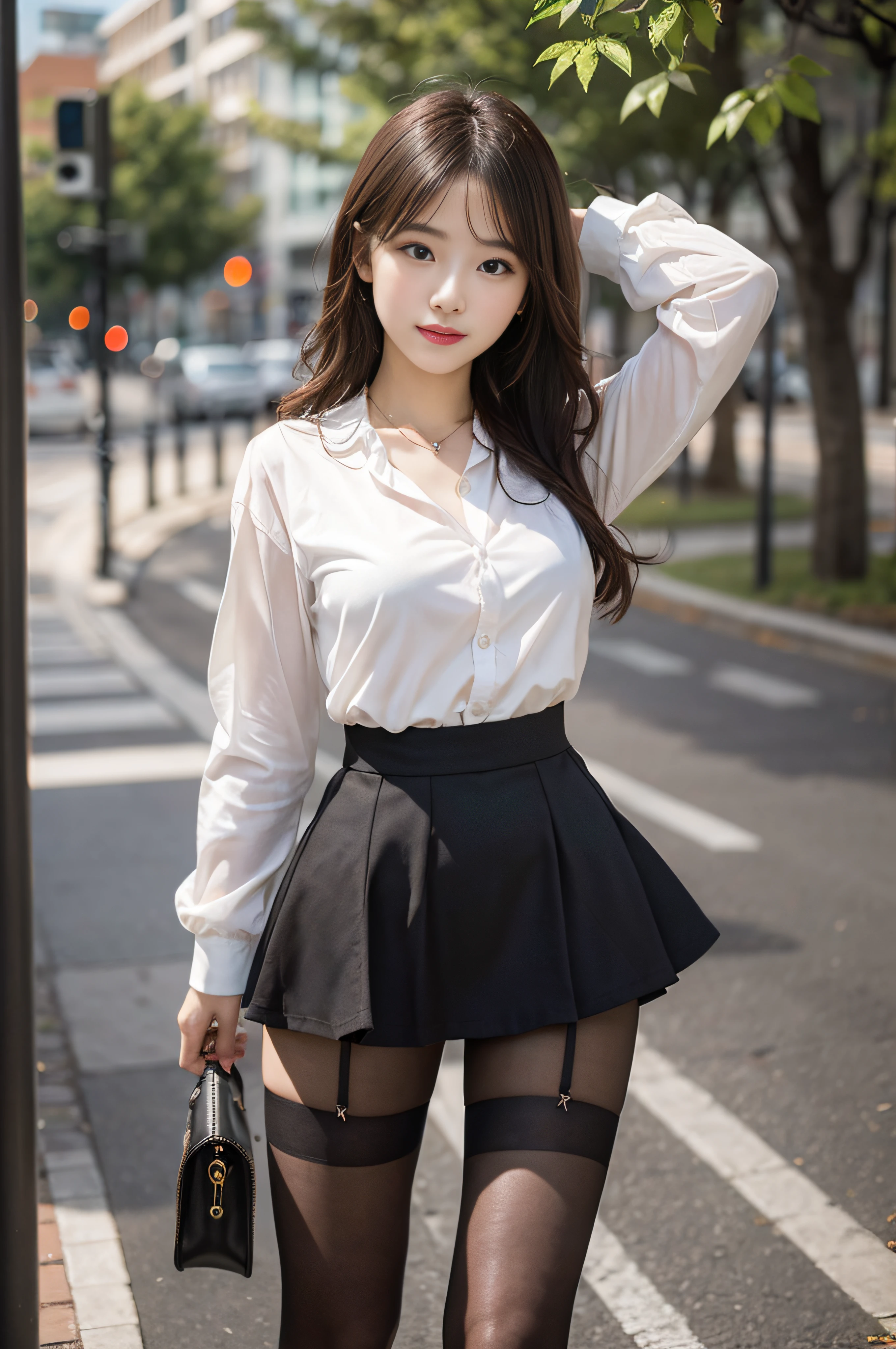 18-year-old female， a baby face， RAW photos， bokeh， （hentail realism：1.4，realisticlying）， High-definition CG unity 8K wallpapers， 1girl， （（slim toned body： 1））， （Giant breasts： 2）， watch audience， （（View directly from the front））， （Head office skin： 1.4）， 8k UHD， digital SLR camera， Soft light， high high quality， filmgrain， Fujifilm XT3， （校服， super mini skirt， Metal necklace， see through shirt： 1.5））， （（exteriors， In Park）））， （（long whitr hair，black pantyhoses，Curly：1.2））， （full-body portraits：1.2），（peeping at the viewer：1.4），（red high heel pumps：1.2），（full bodyesbian：2）