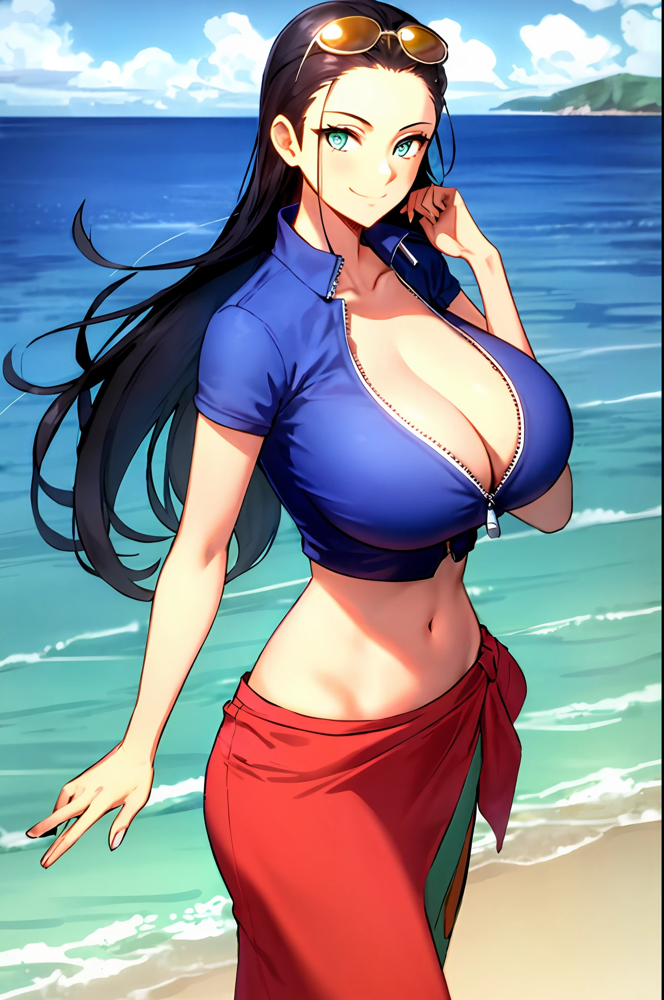 nico robin, wanostyle, 1girl, aqua eyes, black hair, breasts, cleavage, closed mouth, collared jacket, cowboy shot, crop top, cropped jacket, eyewear on head, hair slicked back, hand up, high collar, jacket, large breasts, long hair, looking at viewer, midriff, navel, plunging neckline, pose, sarong, short sleeves, smile, solo, standing, stomach, sunglasses, very long hair, flower drawing on jacket, outdoors, sea, ((masterpiece)) huge breasts