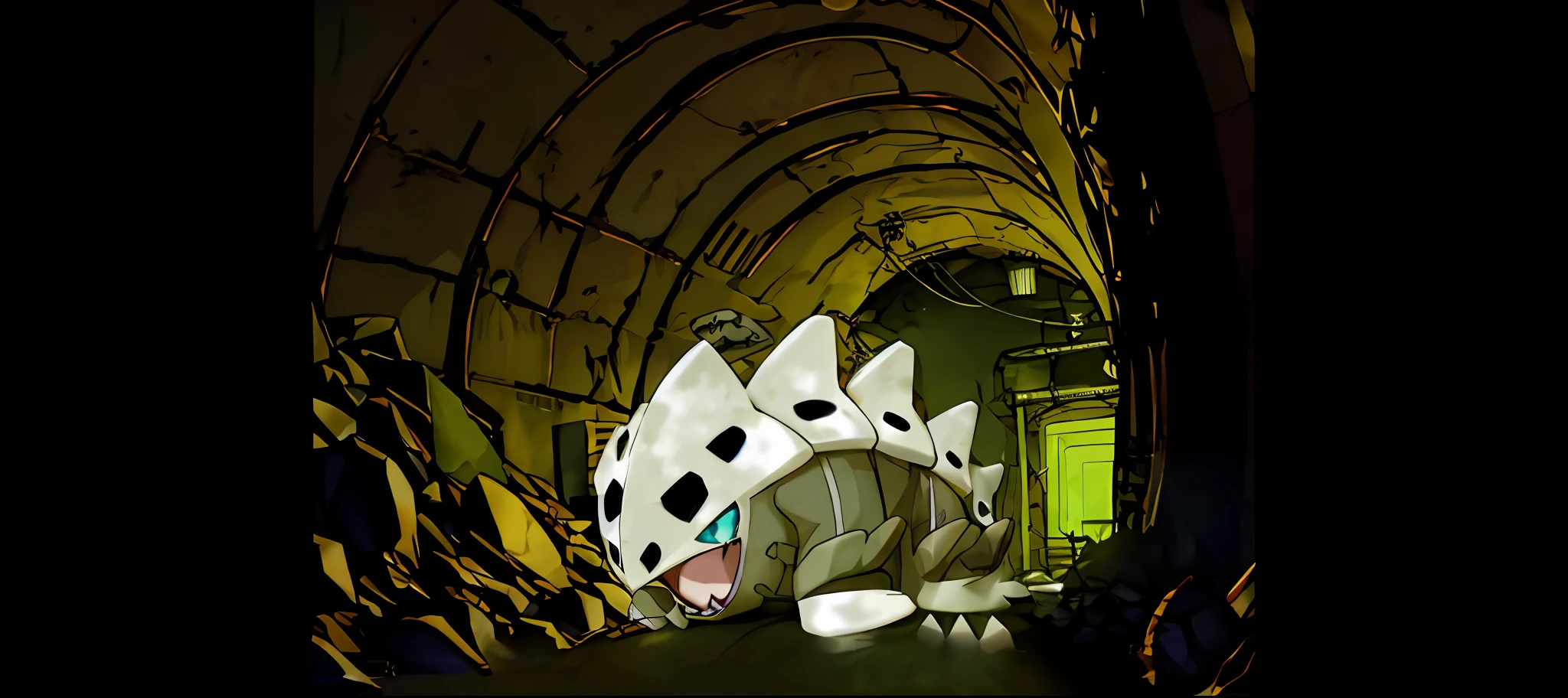 There is a cat in a hat sitting in the tunnel, mimikyu, guggimon, Gelbooru anime image, Safebooru anime image, roshan, conceptual mystery pokemon, midgar, offcial art, ken sugimori art, sewer background, screenshot from the anime film, spike shell, menacing!, gelbooru, sewer