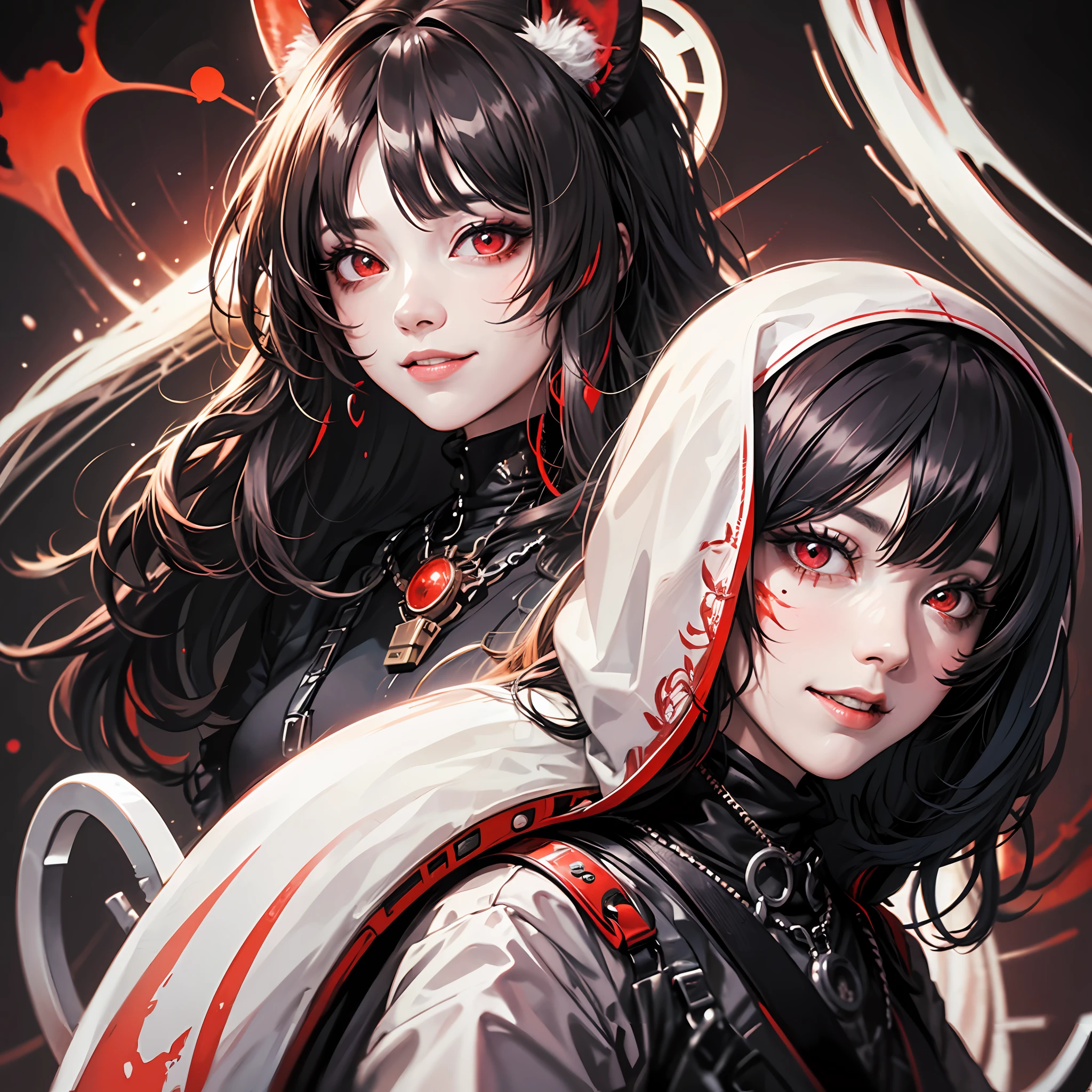 tmasterpiece,Close-up of a woman with blood red eyes,grinning smile,Red and black gradient hair,Confused pupils,style of junji ito,Morbid style,Shy,Stitch marks on the face,Black and white clothes,with red and black background,Highest image quality,fearsome,8K