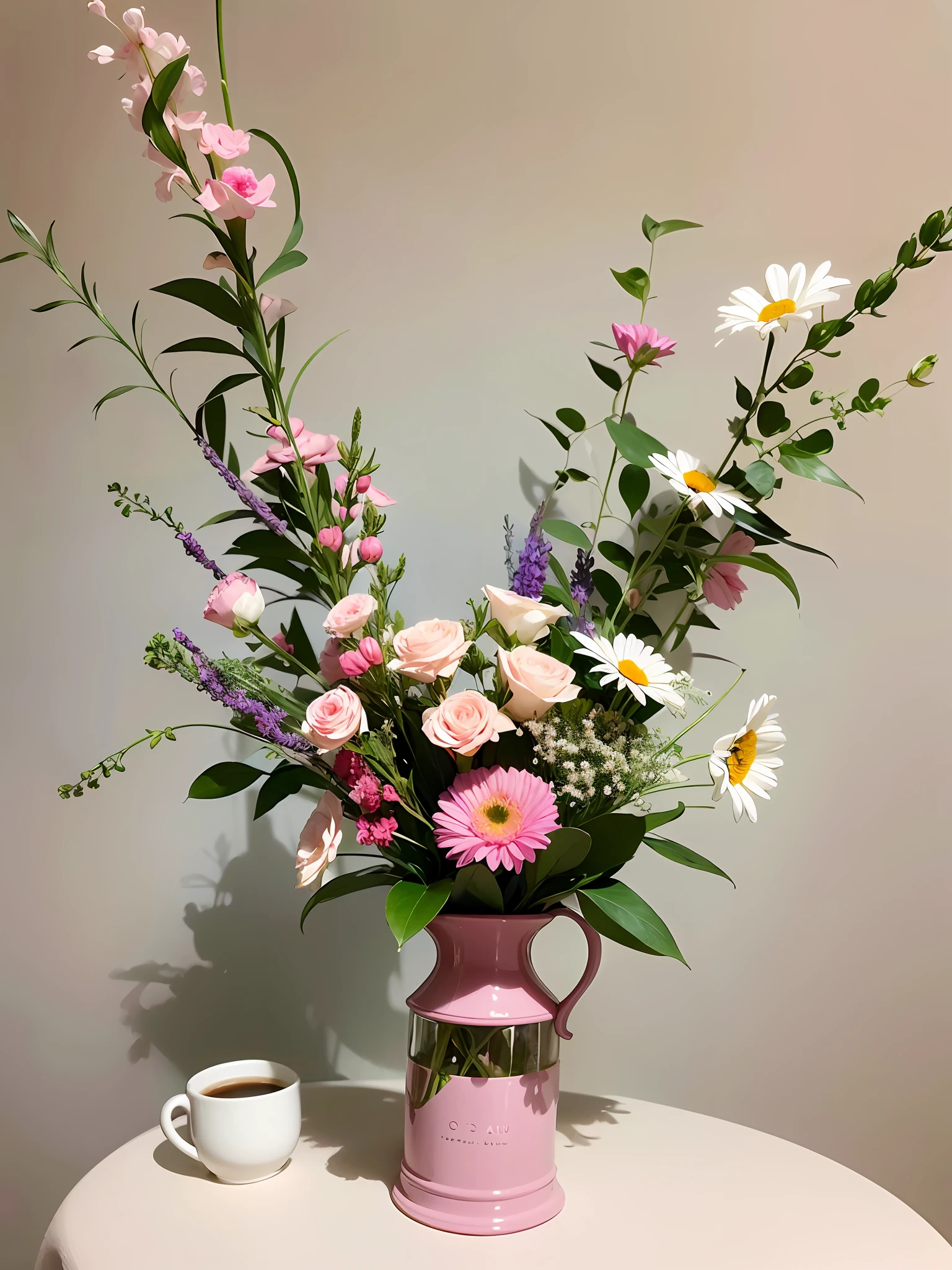 There was a vase of flowers on the table，A cup of coffee was placed on it, Soft blue and pink, pastel overflow, i dream of a vase flowers, Pink flowers, flowers and stems, Bouquet, more and more flowers, flower bouquet, detailed flowers, Lots of flowers, Full of flowers, Blooming flowers, flowers and blossoms, Beautiful flowers, beautiful  flowers