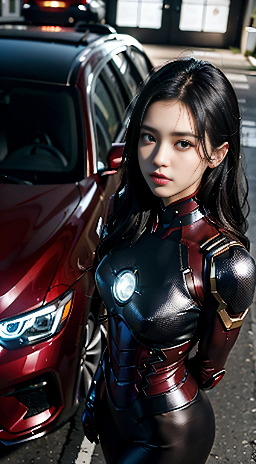 (Extreme Detail CG Unity 8K wallpaper、masterpiece、Best quality1.2)、(realisitic、Photorealsitic:1.37)、exquisite lighting and shadow、highly dramatic picture、cinematic lens effects、(Girl in black Iron Man costume、japanese young girl、Multicolored hair color、Iron Man Parallel Universe、Wenger、Marvel、Black Iron Man、underground parking、dynamicposes、full body Esbian:1.2)、excellent details、Outstanding lighting、wide angles、Excellent rendering、Enough to stand out in its class、Focus on complex textures、Very luxurious underground car park、Underground with many luxury cars、Highly detailed and realistic face and skin details、Detailed and realistic eyes、Symmetrical eyes、scornful look