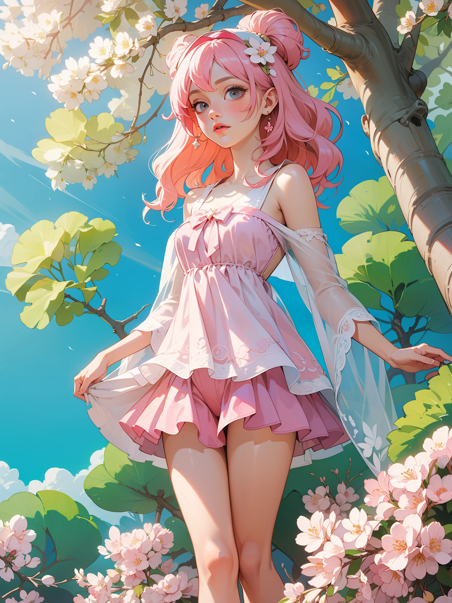 (Artwork of exceptional craftsmanship),(Detailed illustrations,(Art based on a very ideal anatomy),Very detailed and detailed drawing,Delicate lines with slow and rapid,(Realistic texture expression)),[Color tressed main line],[park background],(HENTAI anime Japanese Girl (Pretty) 14 years old Skinny) Light pink hair ((magical little girl)),([cherry blossom] Headbands with floral ornaments) Low-rise shorts (Short cape (off shoulders:0.6) [Lace Ruffled Ribbon]) [Laced boots:0.8],[Silk Fabric:0.8],Transparency [Soft ambient light:0.6] gravure [Colorful],(Perfectly proportioned),(Fine and beautiful skin expression [realistic skin detail]),(Design built to the highest level,[Advanced structural understanding of materials],Ideal color coordination),(Intricate and beautiful decoration (Dense detail)),(More on shiny hair),[Perfect hand details],(Beautiful perfect face [Realistic face details]),[Clear gaze],[long and beautiful eyelashes],[Perfect eye details (Eyes beautifully drawn down to the smallest detail)],(detaileds,high-detail),((Precision Detail),[multi-layer texture],HighQuality,hight resolution),[(Accurate simulation of light-material interactions),Understanding Airflow,Mechanically correct representation],[Visual art that conveys a sense of narrative] [Full body like],[[Desaturation]].