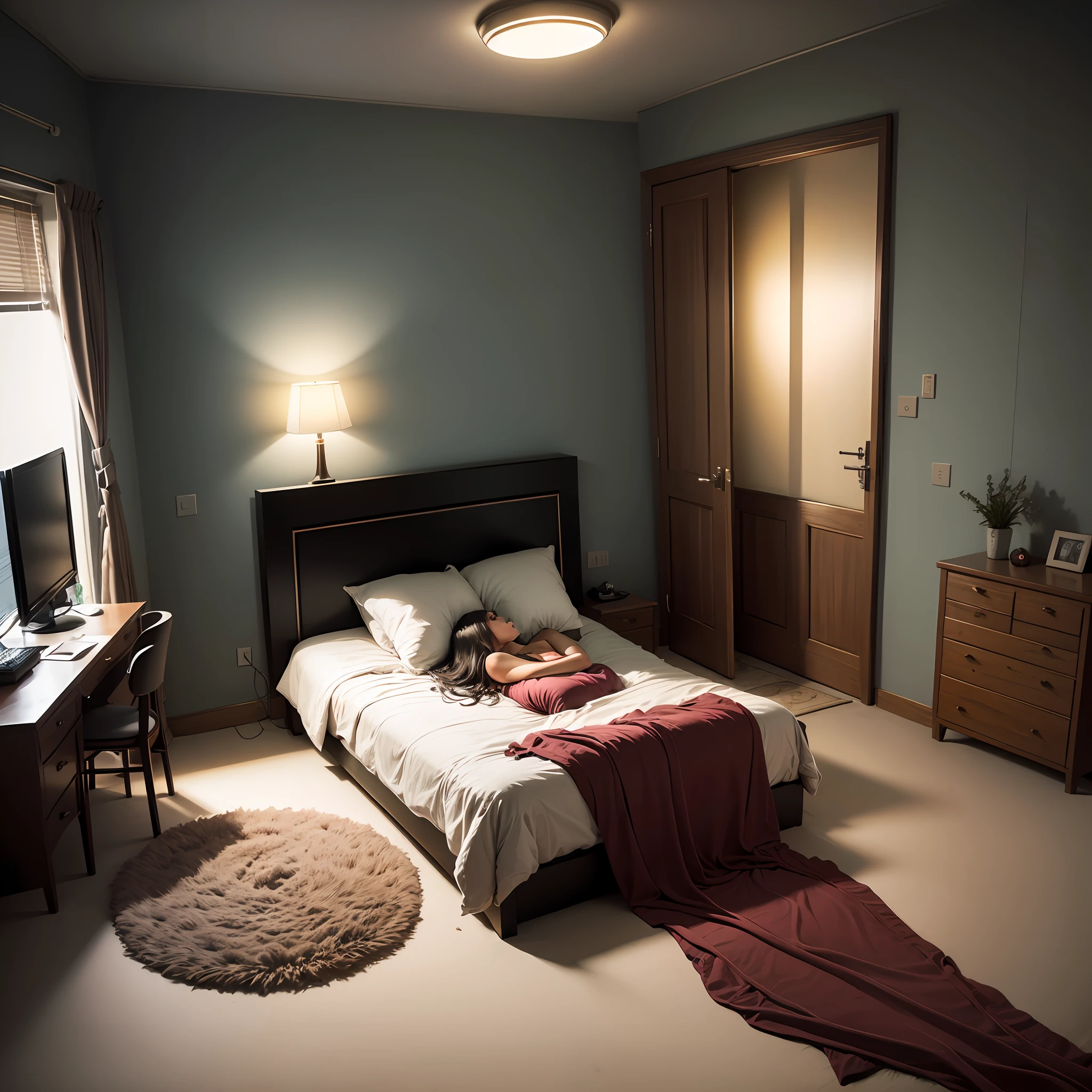 Modern bedroom，A woman lies on a bed，It was pitch black all around，Faraway view --auto
