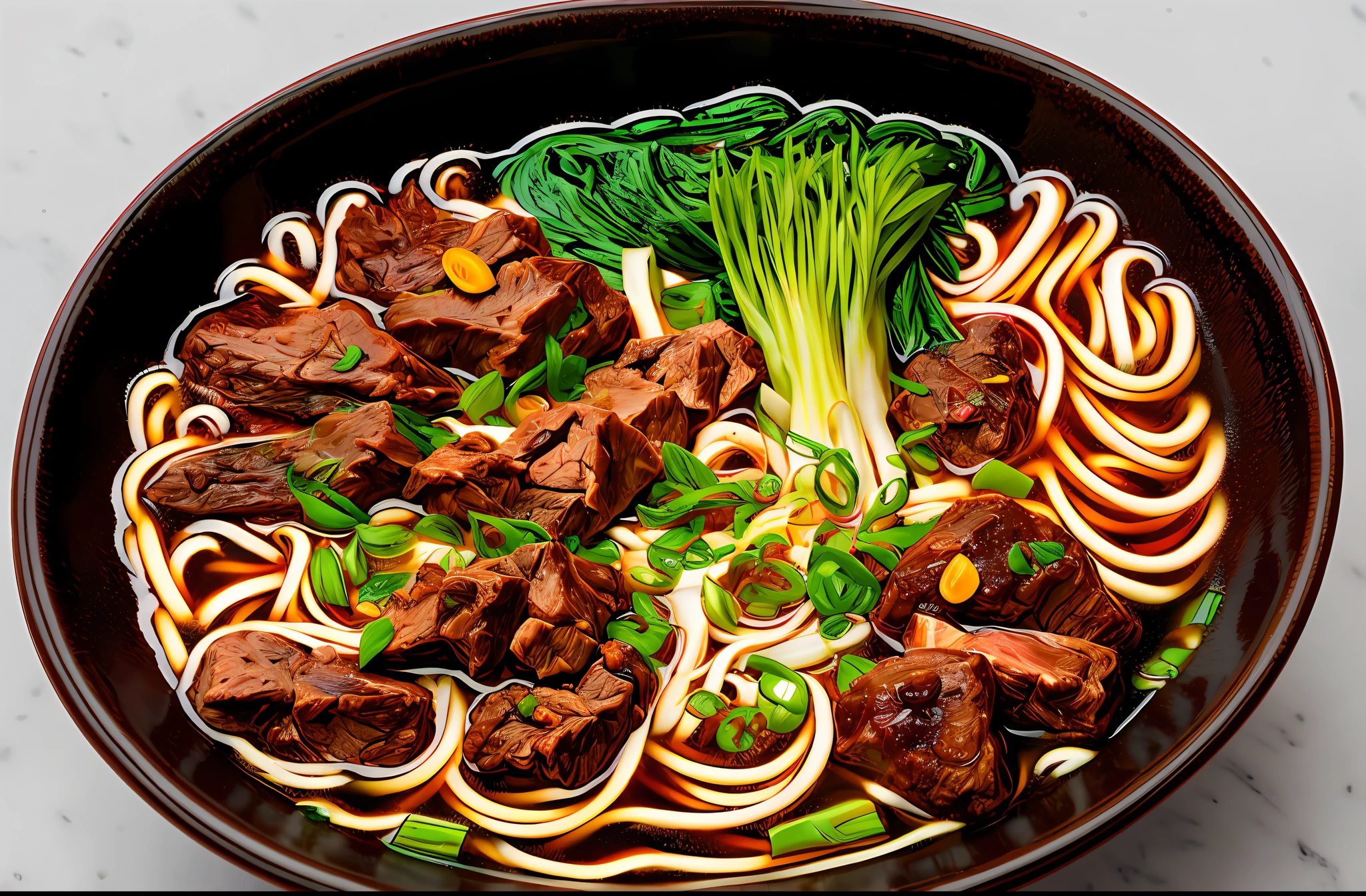 a bowl of beef noodle soup, ((masterpiece)),illustration,high detail, soft lighting, delicious, colorful, aesthetically pleasing, studio lighting, trending
