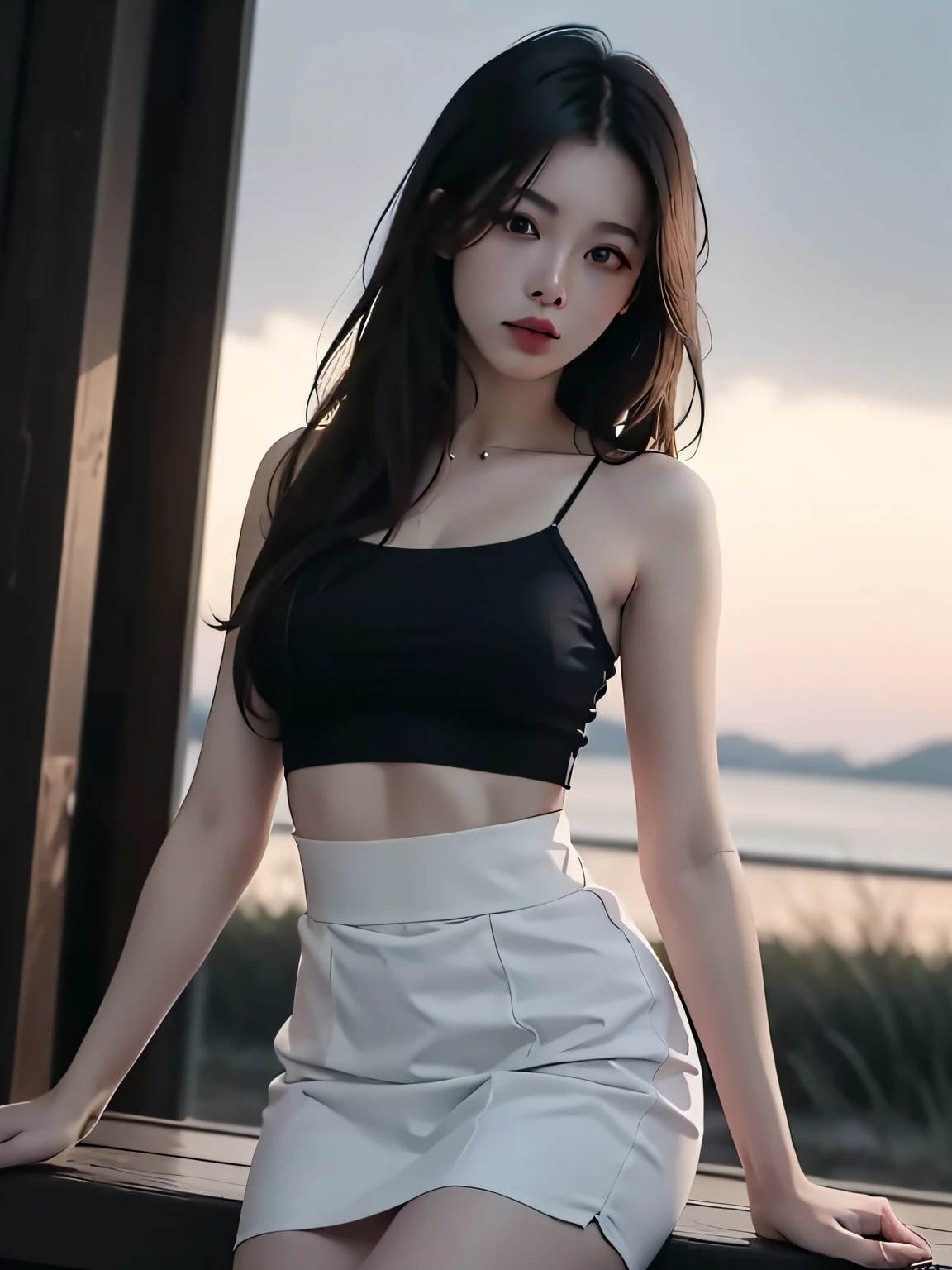 best qualtiy， tmasterpiece， 超高分辨率， （realisticlying：1.5）， RAW photogr， 1girll， bshoulders， in the darkness nigth， deep shading， low tune， cold light， Sexy look， long whitr hair，short  skirt