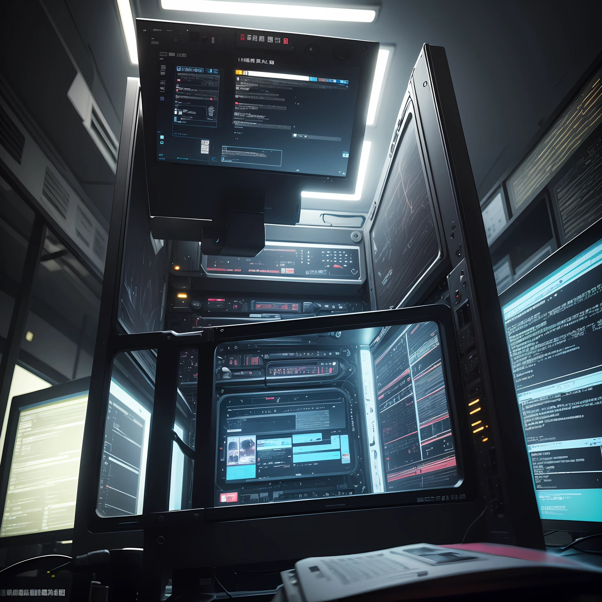 darkened room,Mainframe computers,sense of science and technology,sci-fy,Cyberpunk style,hacking,code,真实感,Extreme light and shadow,HighestQuali,Ray traching,超高分辨率,8K,Movie lighting --auto