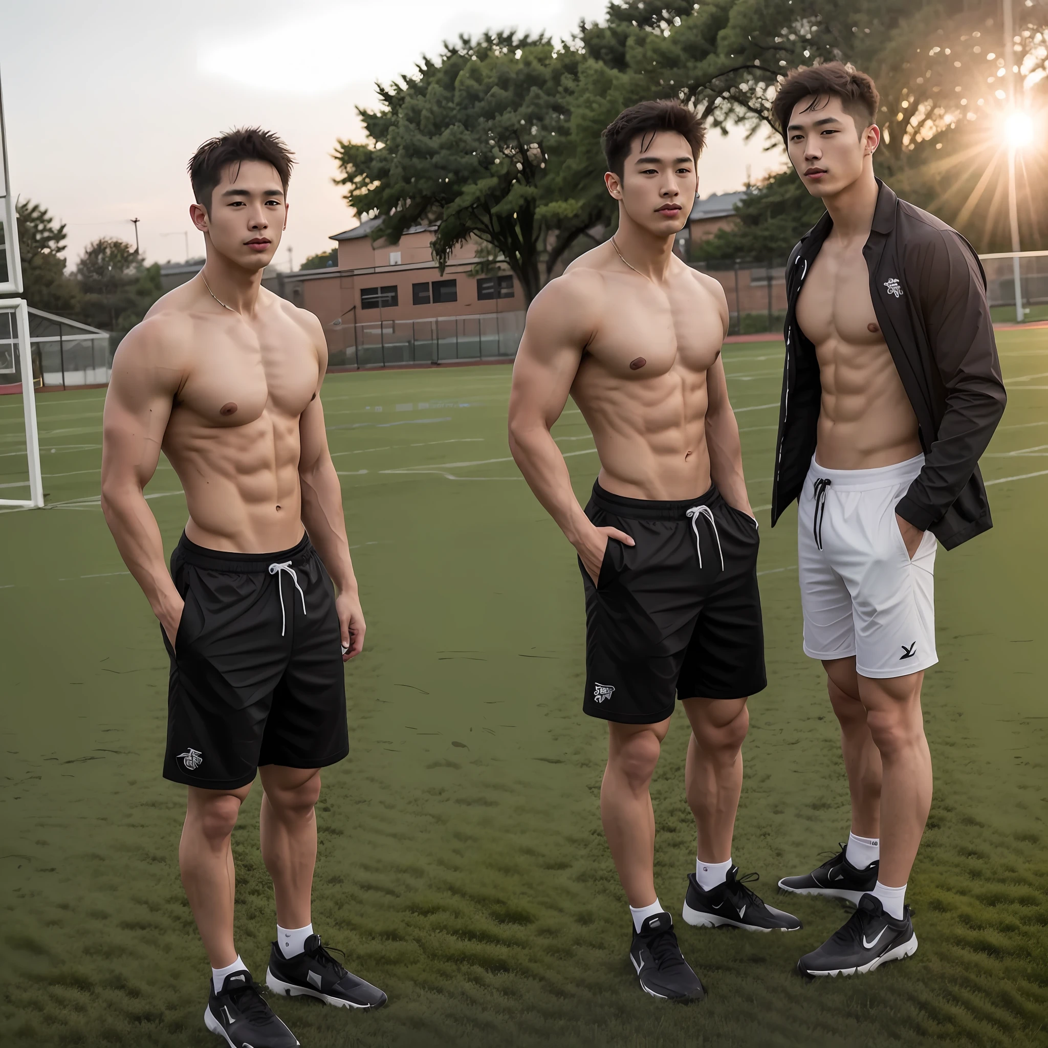 Three men standing on the football field,open shirts, athletic tall handsome guys, Body movement, South Korean male, korean muscle boy 2 , fit-muscled body, fit physique, 6 pack ab, athletic fashion photography, & jeehyung lee & Phlegm sputum, phlegm, six pack, atheletic body, Kim Tae-joon, with abs, six-pack, athletic and strong