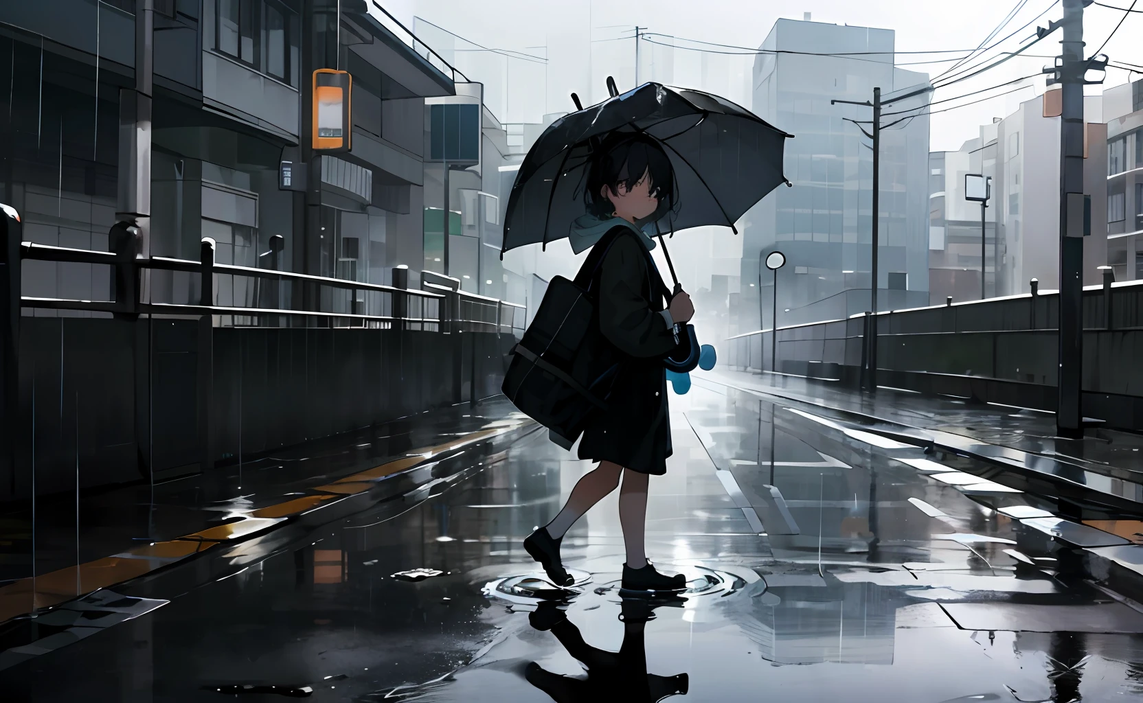 Sure! Here are some descriptive words for the scene you described:
- Rainy: The weather is wet and there is precipitation falling from the sky.
- Dreary: The environment or atmosphere feels dull and gloomy.
- Drenched: Everything outside is soaked with rainwater.
- Puddles: There are small pools of water on the ground from the rain.
- Umbrella: The little girl is holding a device that shields her from the rain.
- Sidewalk: The surface she is walking on is a paved path for pedestrians.
- Busy: There is a lot of traffic and people moving around on the street.
- Careful: The little girl is making sure not to slip on the wet pavement or bump into anyone.
- Alone: She is walking by herself with no one else around her.