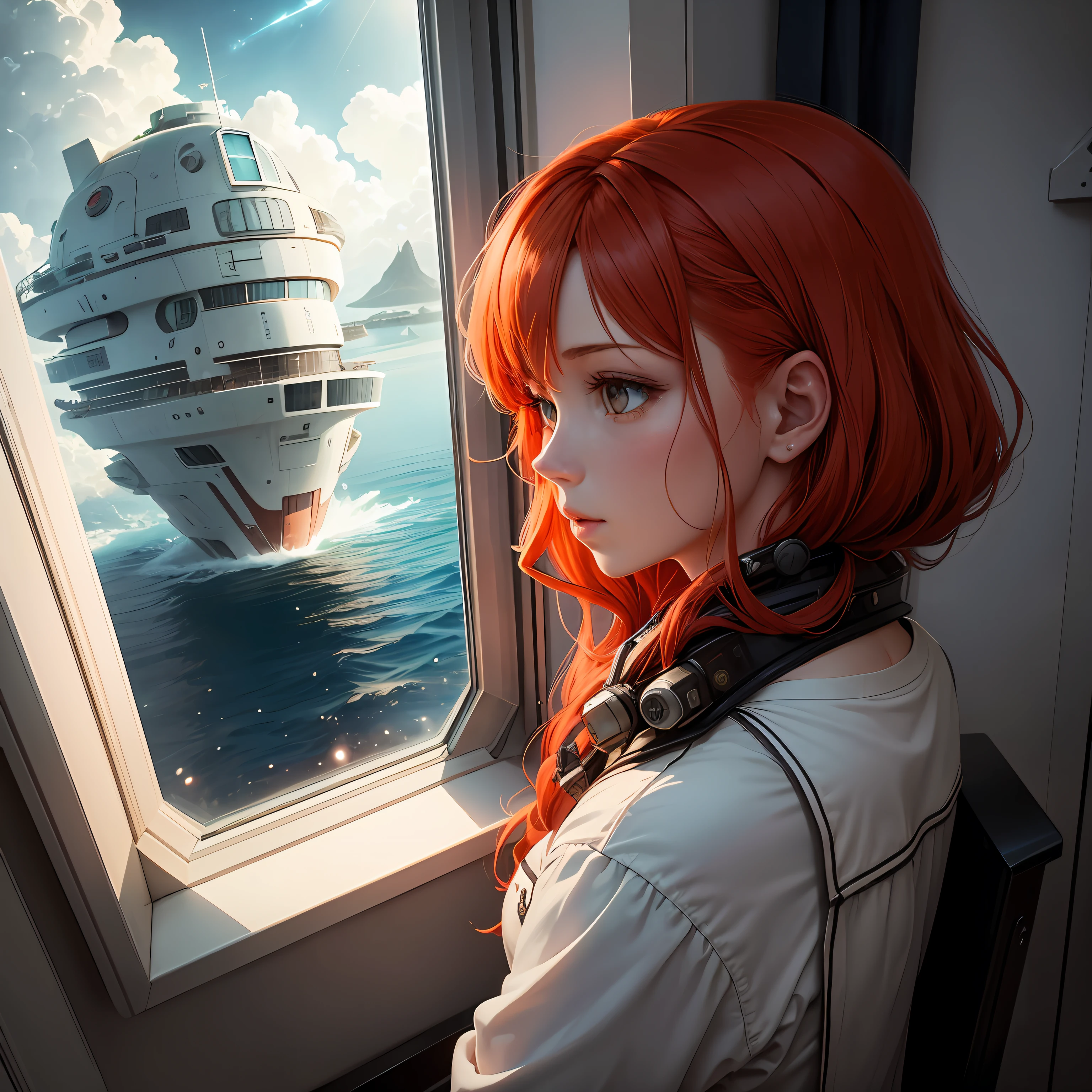 There is a spaceship like house on the sea level, with large windows and a woman with red hair inside. She is looking out of the window. The beam of light passed through the clouds and scattered on the sea surface, red hair, anime style, Ghibli-like colours, drop shadow, sparkle, Wide-Angle, UHD --auto