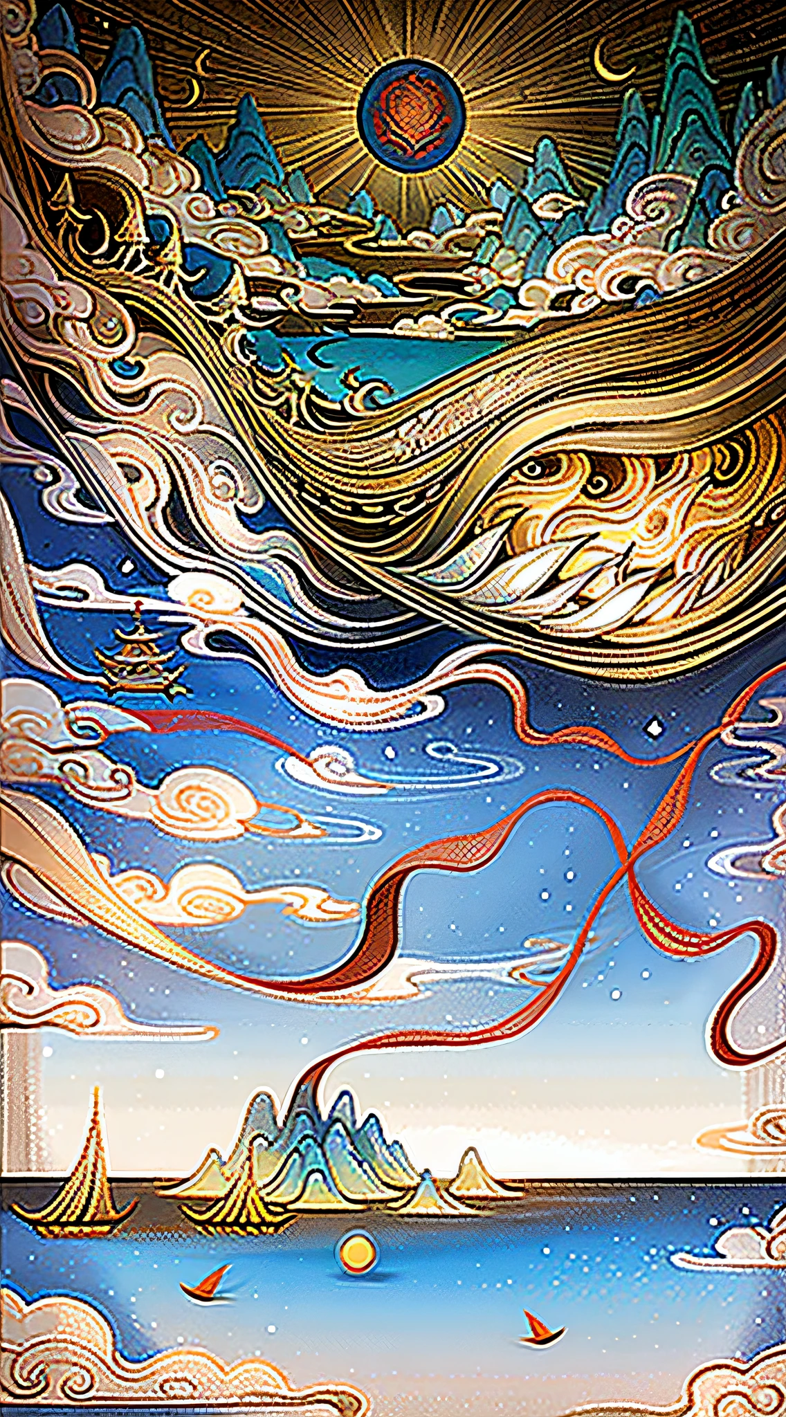 An ancient Chinese painting,,mountain ranges,the sea,Auspicious clouds,,rays of sunshine,(Psychedelic details),Sail ships,(rainbowing),(psychedelia),(DMT),(chinesedragon),intricately details,higher details,high detal,tmasterpiece,super detailing,Epic composition,hyper HD,high qulity,red tint,extremely detaile,offcial art,Unity8k wallpapers,super detailing,32k - v