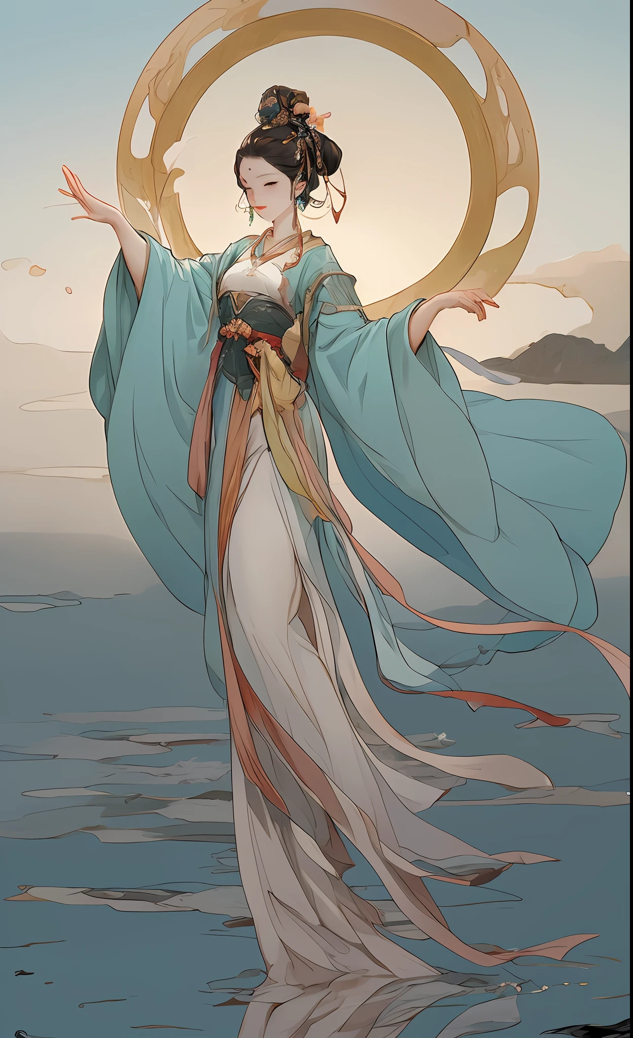 girl with, ancient Chinese costume, full body Esbian, rays of sunshine, Clear face, Clean white background, ​masterpiece, super detailing, Magnificent composition, Ulutra HD, hightquality, ighly detailed, Official art, uniform 8k wallpaper, super detailing, 32K、Princess Seoritsu、sirius、lion's gate、Cosmic consciousness、Miracle amulet、Impossible miracles happen、Godess of Water